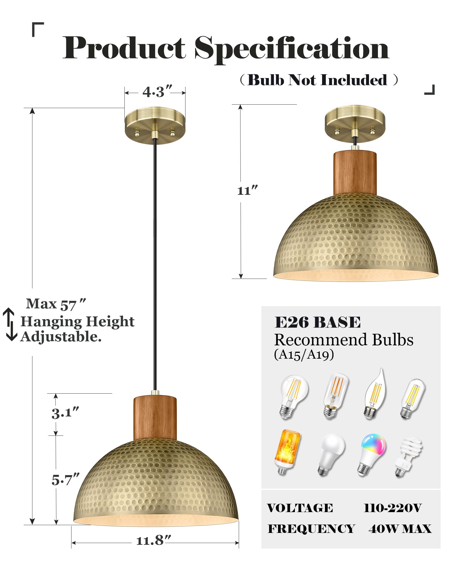 Elyona Vintage Pendant Light Fixtures, 12” Brushed Brass Hammered Metal & Rubber Wood Industrial Dome Hanging Lamp, Antique Gold Kitchen Pendant Light For Island, Farmhouse, Sink, Dining Room, Hallway