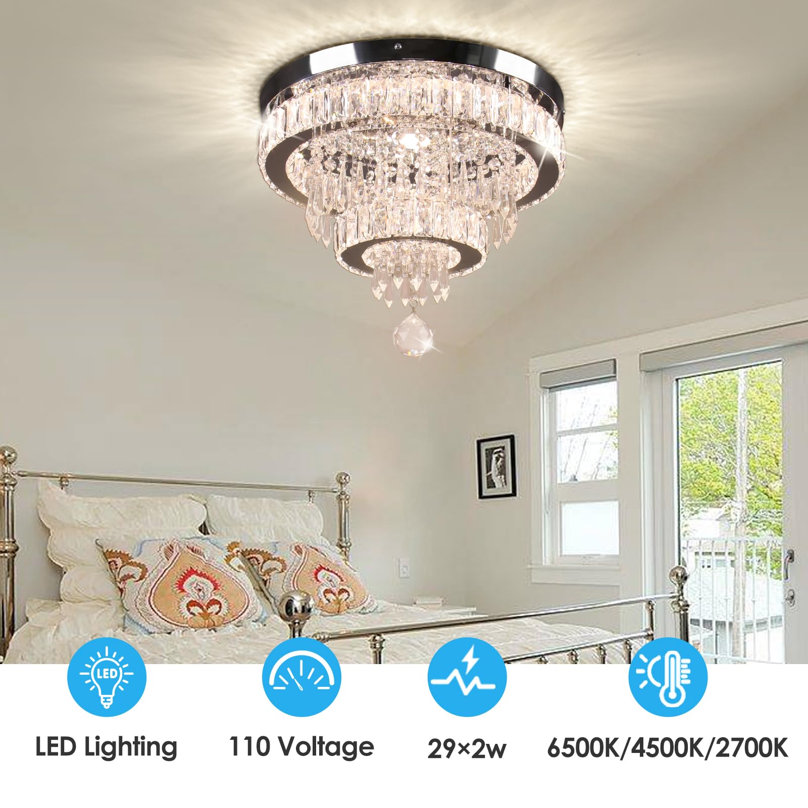 Cainjiazh Crystal Chandelier Flush Mount Light Fixture, 16in Dimmable, Remote Control, for Bedroom, Dining Room, Living Room