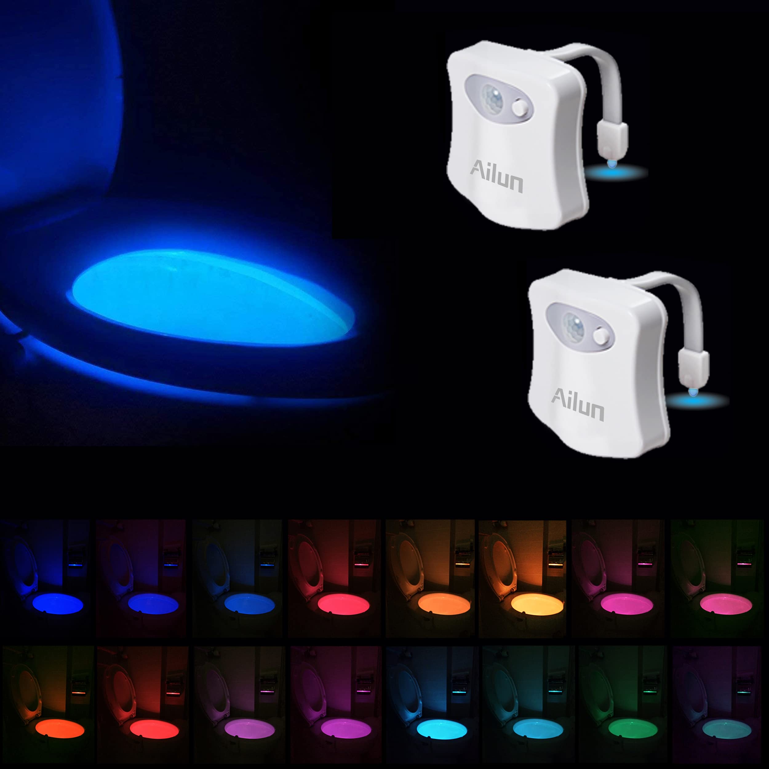 Ailun Toilet Night Light 16 Colors Motion Activated LED Bathroom Light 2 Pack White Plastic