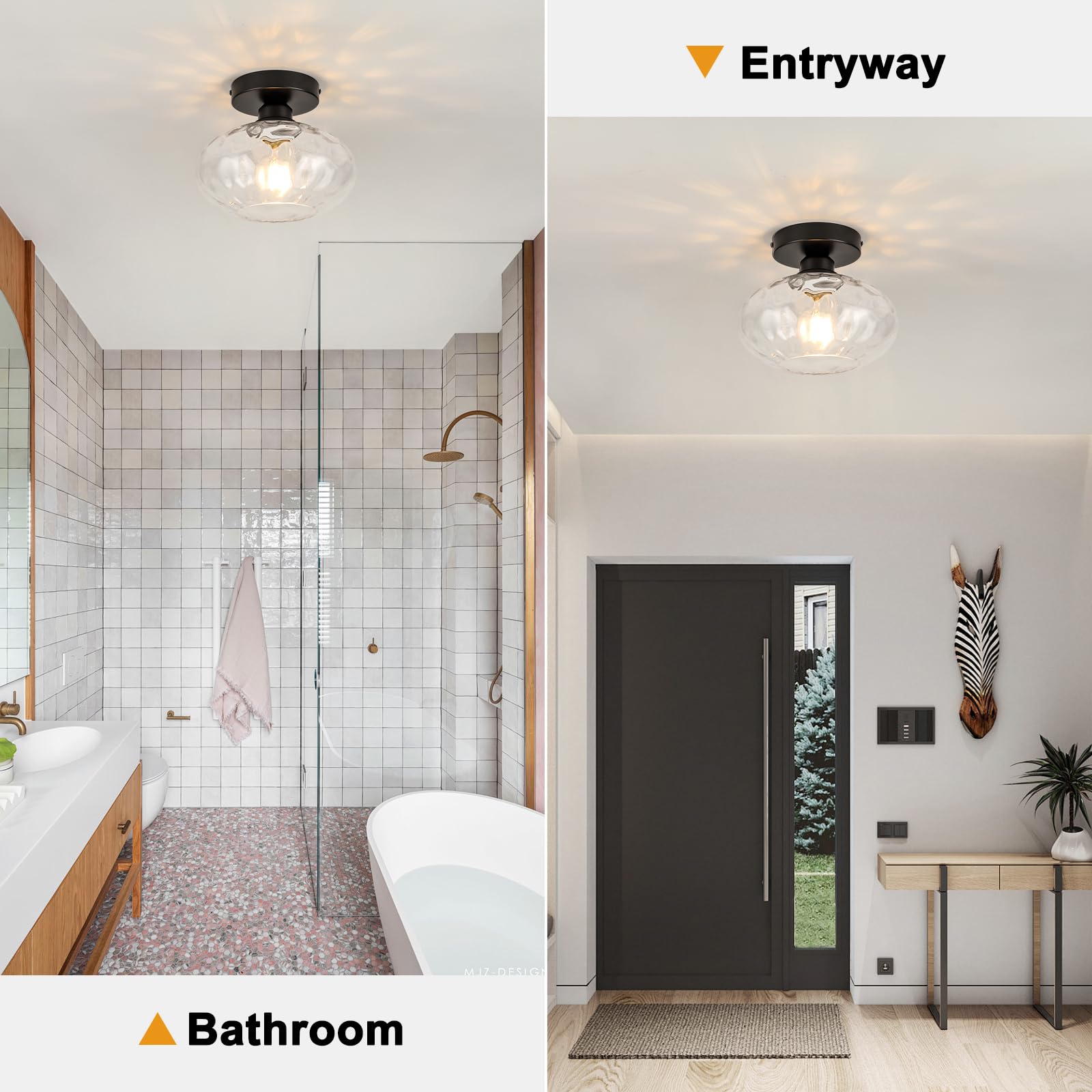 Wilon Industrial Semi Flush Mount - 8.66'' Hammered Clear Glass Ceiling Light Fixture - Black Bathroom Light - Kitchen, Bedroom,