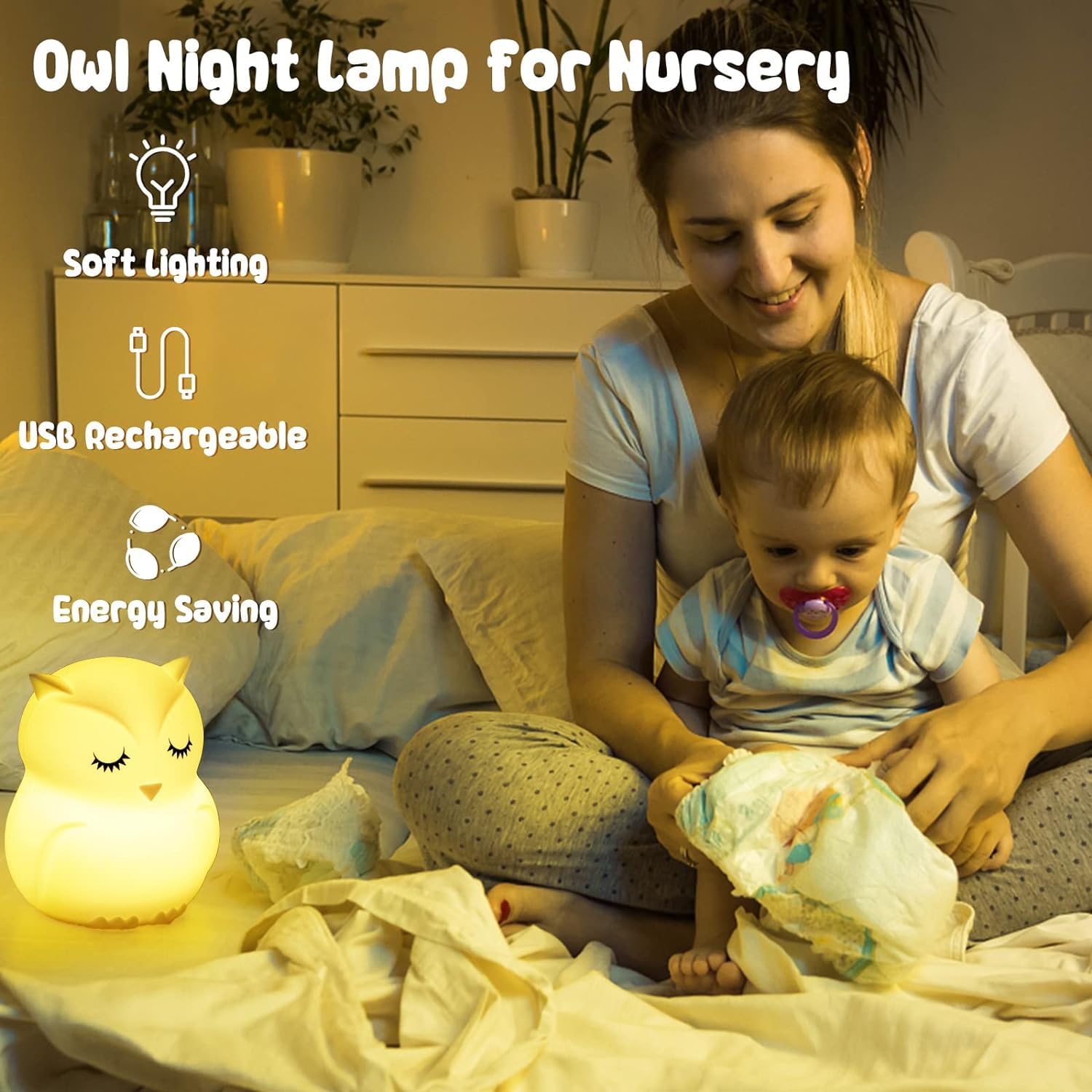 ShaArkMango LED Night Light - Cute Owl Bedside Lamp, Rechargeable, Dimming & Timer, Silicone Rubber, B-Owl, Model JL-213 for Kids