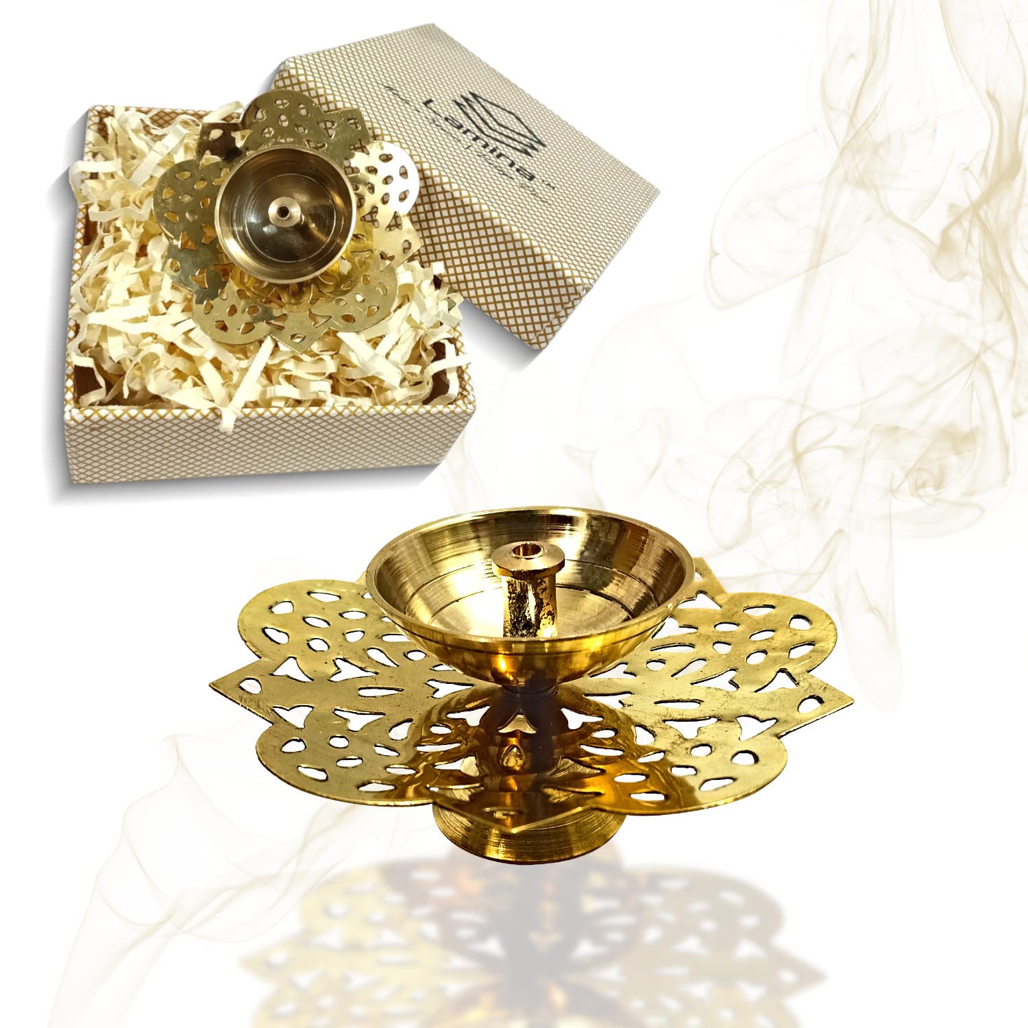 Lamina Decorative Brass Diya for Puja (Set of 1 Small 3inch Golden Round Star) Center Wick Holder Pital Akhand Deep Vilakku for