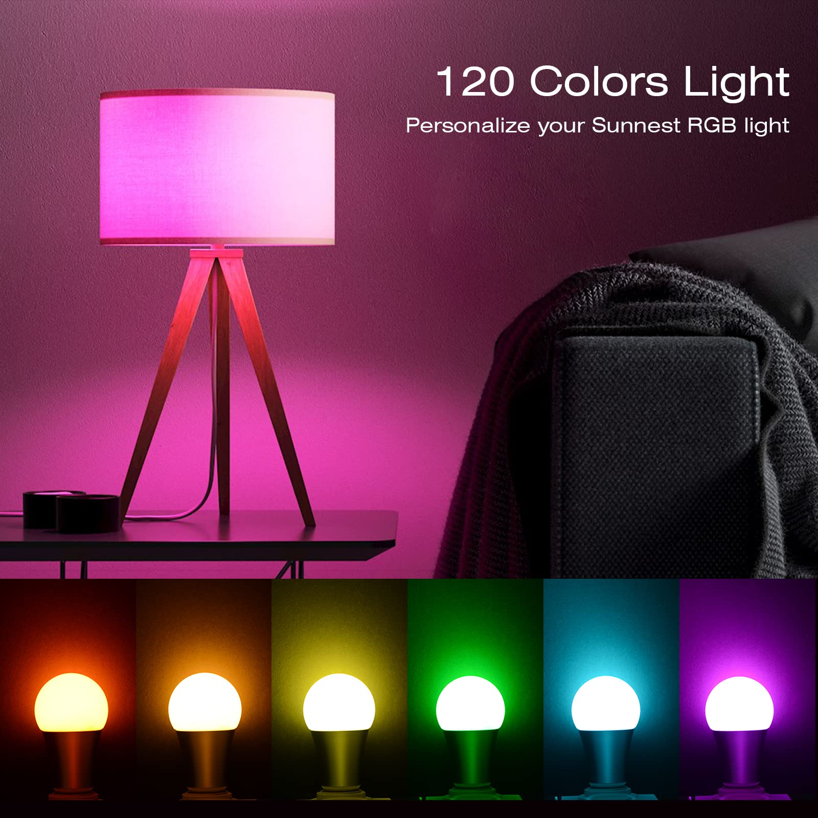 SUNNEST LED Color Changing Light Bulb, 10W Dimmable RGBW, 900LM, Remote Control, E26 Base, Mood Lighting for Home Decor, Stage, Party