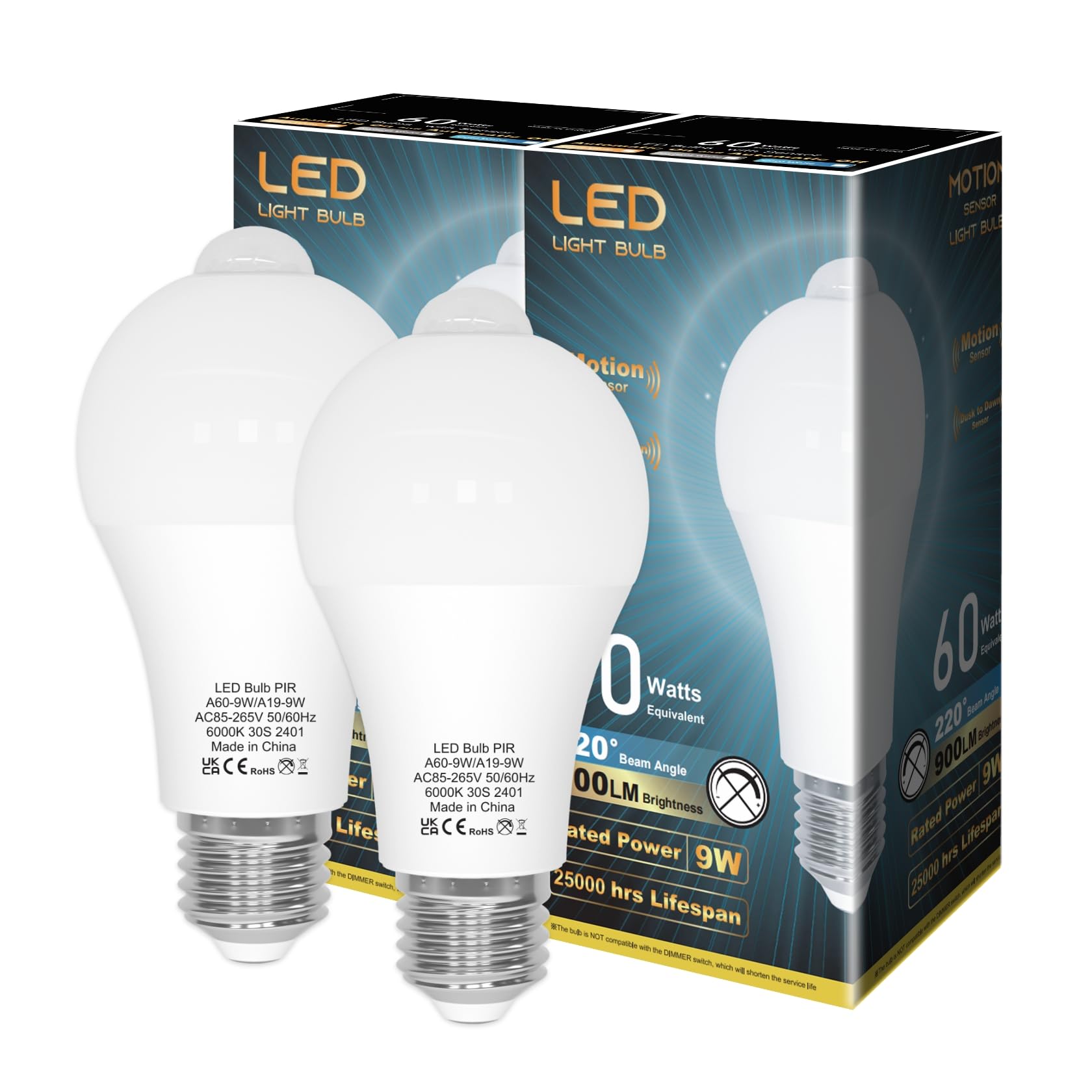 Oraluce Motion Sensor Light Bulbs Indoor Outdoor 60 Watt Equivalent, A19 E26 9W Motion Activated Led Bulb 6000K Cool White, Moti