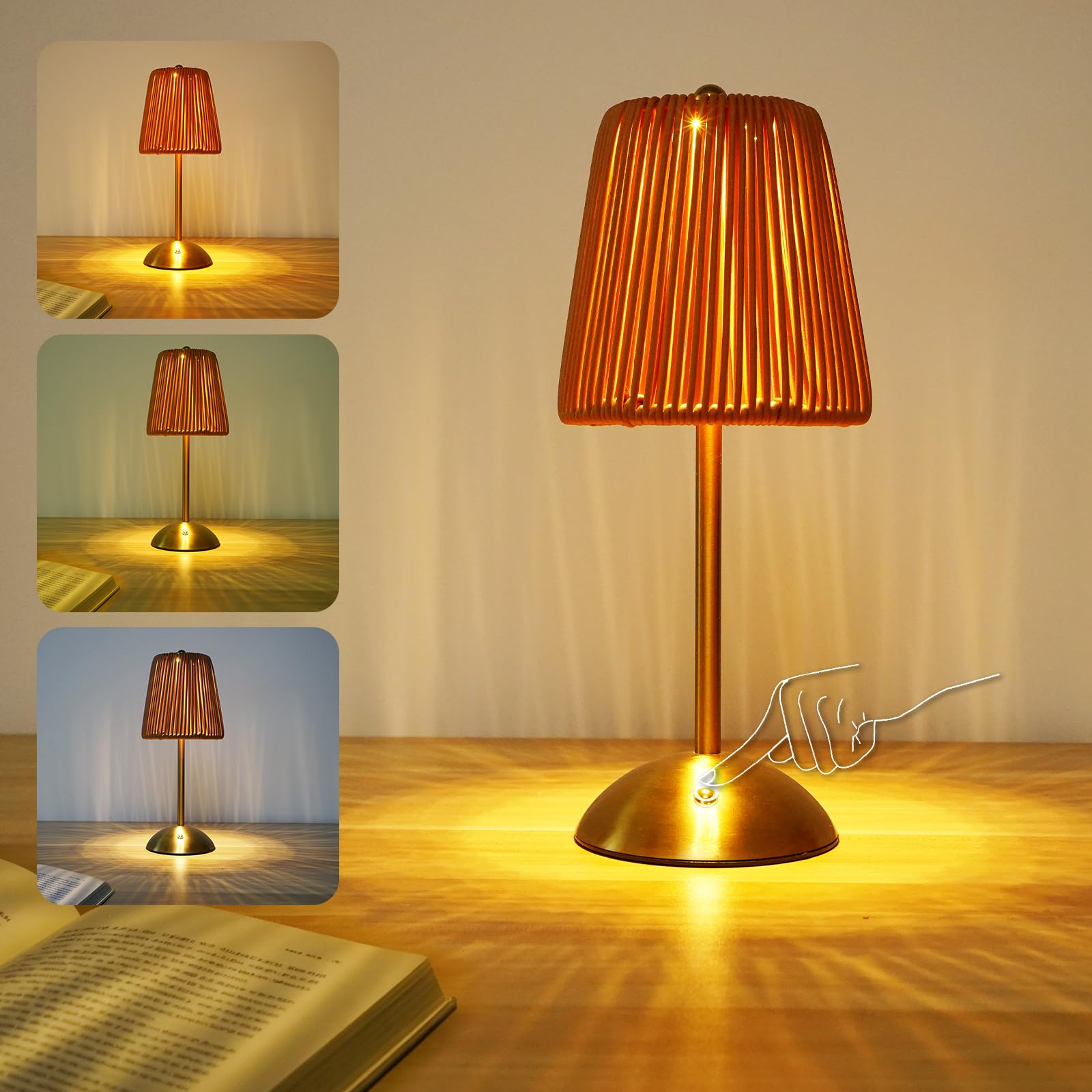 Boho Rattan Table Lamp  Cordless Wicker Woven Vintage Table Lamp - LED Rechargeable Touch Control 3 Color Dimmable Reading Bedside Lamp for Bedroom Living Room Office  Home Outdoor Decor (Brown-1)