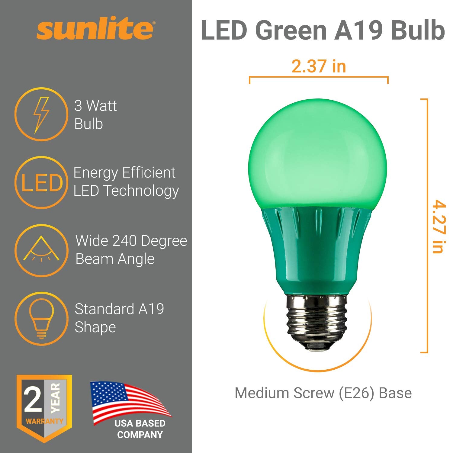 Sunlite 40469 Led A19 Colored Light Bulb  3 Watts (25W Equivalent)  E26 Medium Base  Non-Dimmable  Ul Listed  Party Decoration  Holiday Lighting  6 Count  Green