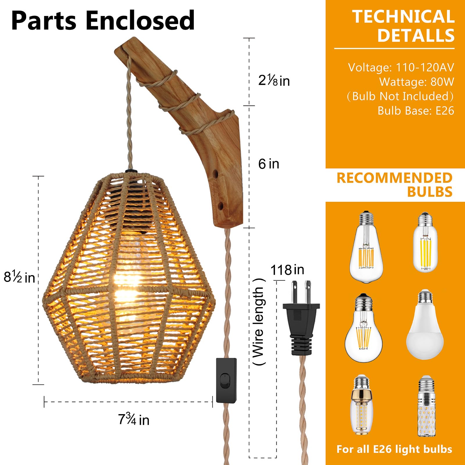 YIIZON Rattan Wall Sconce - Plug-in Lighting with Cord Switch, Diamond Shaped, Hemp Rope Cage, Bulb Included, Model BDXZZD-1PC