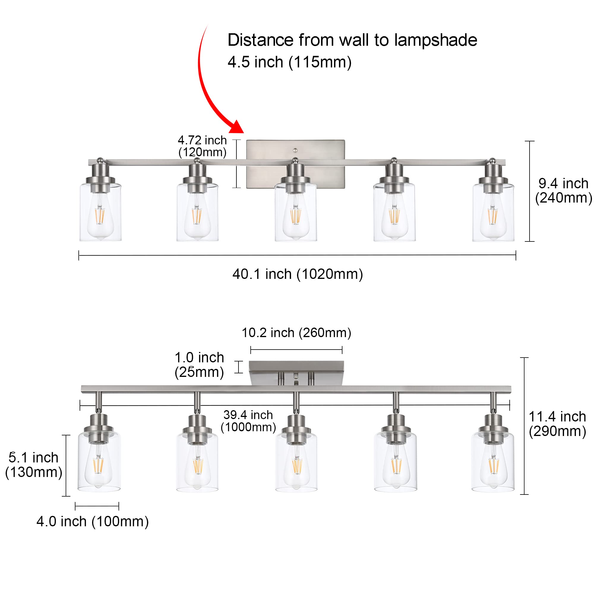 Melucee 5 Light Bathroom Light Fixtures Multi-Directional Rotating Track Lighting Kit Brushed Nickel, Ceiling Spotlight Fixture For Kitchen Foyer Bath, Clear Glass Shade