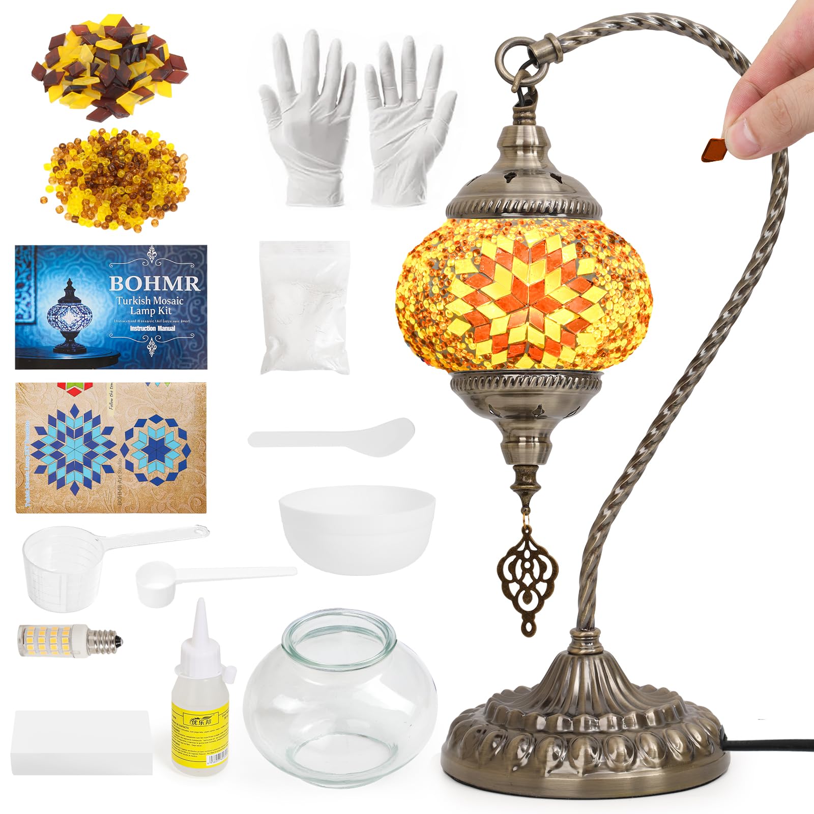 Bohmr Diy Turkish Mosaic Lamp Kit For mature-themeds Swan-Neck Stained Glass Lamp Making Kit- Easy Fun No Experience Needed  Mosaic Art & Craft Project Kits For mature-themeds & Teens Make Your Own Table Lamp Amber
