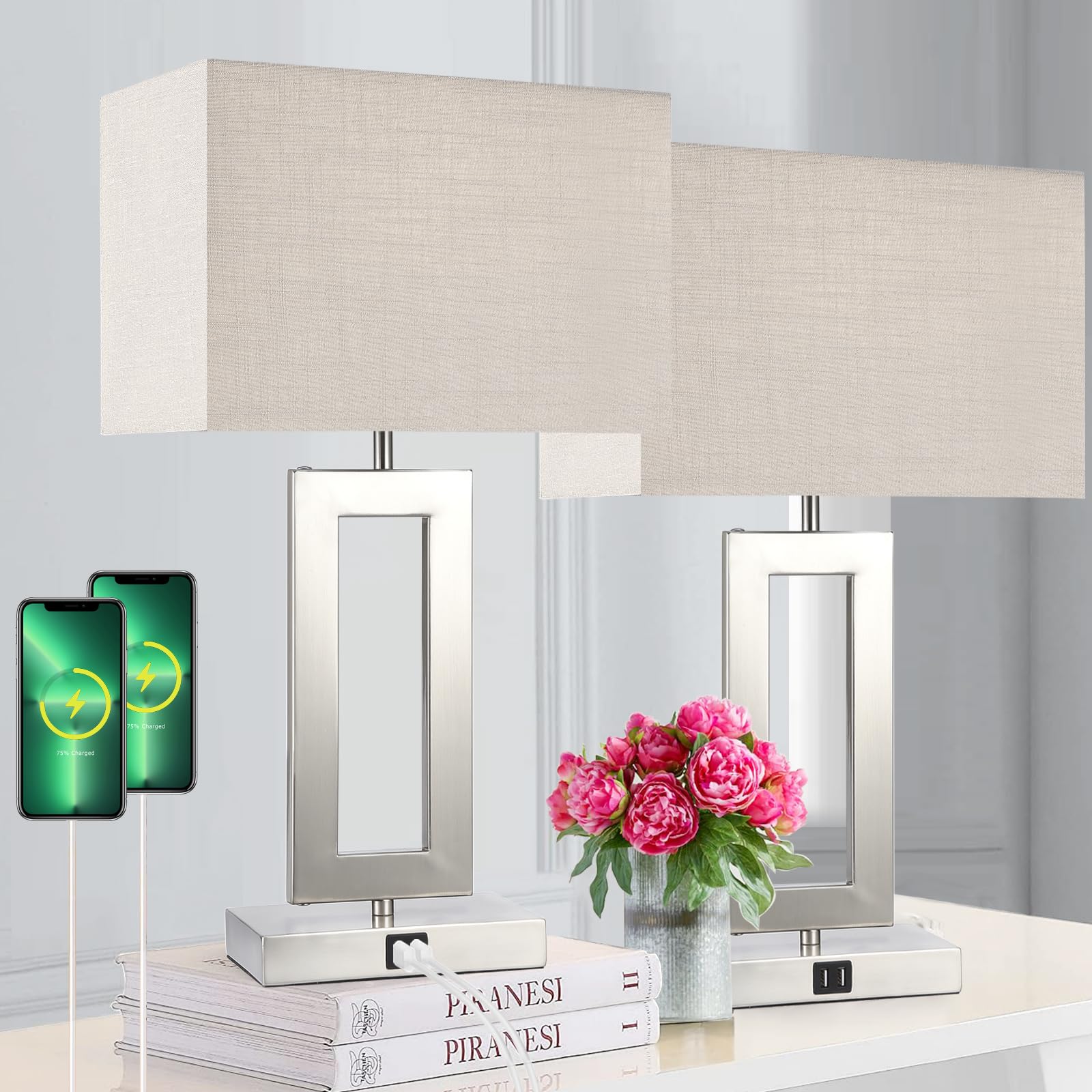 Lamps for Living Room Set of 2 Touch Control Table Lamps with 2 USB Ports 3-Way Dimmable Bedside Nightstand Lamps Bedrooms Brush