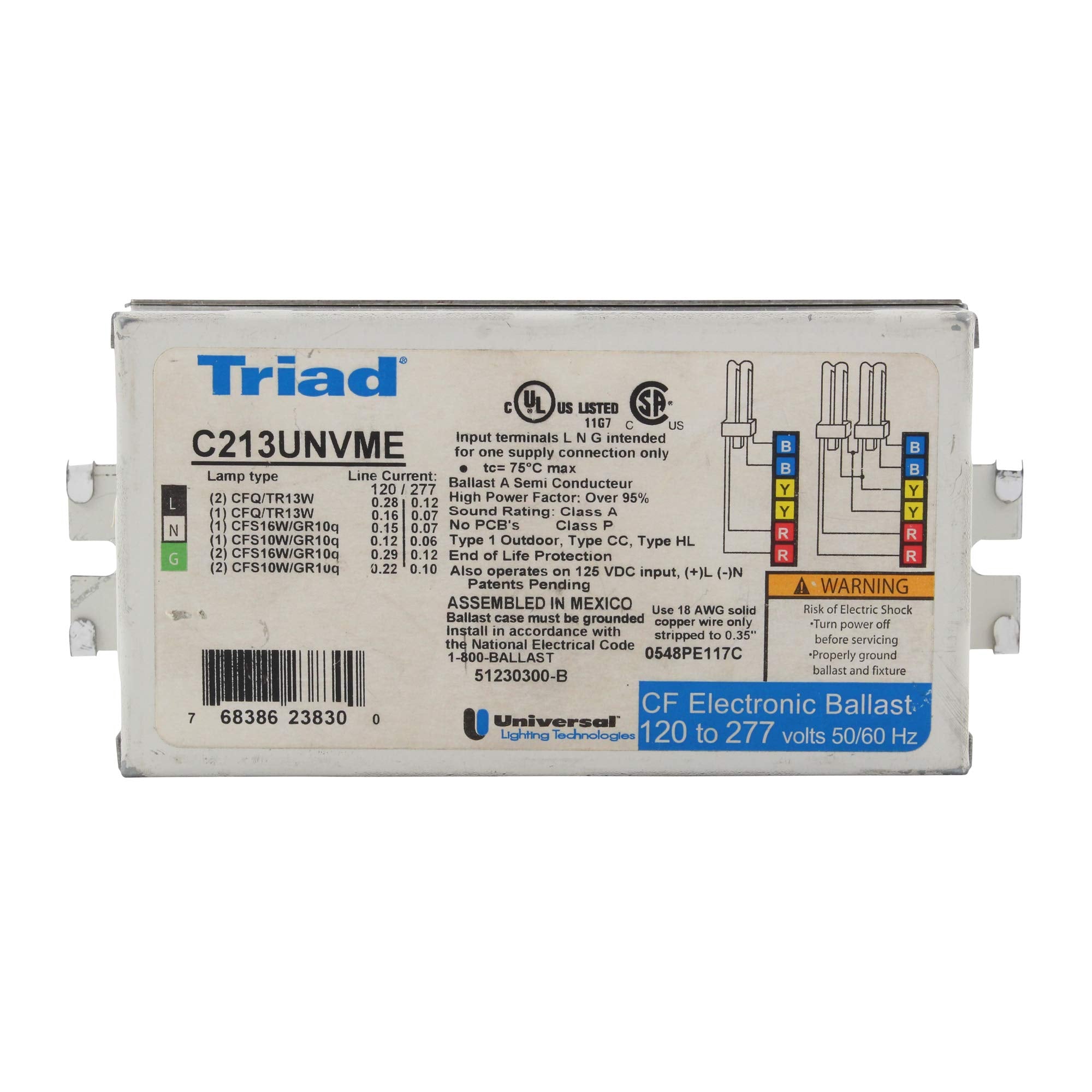 Universal C213UNVME Compact Fluorescent Ballast, 2-Lamp, 13W CFQ, 120/277V