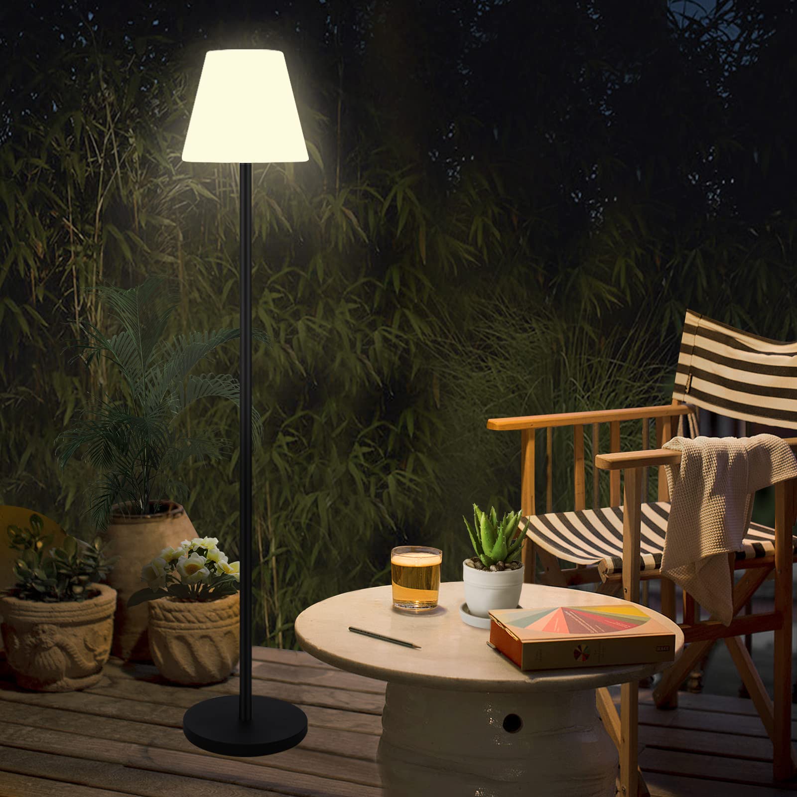 Gewiny Solar Powered Outdoor Floor Lamp, Waterproof, Dimmable Warm White+RGB, Metal, White, Model XCY-SFLP-002