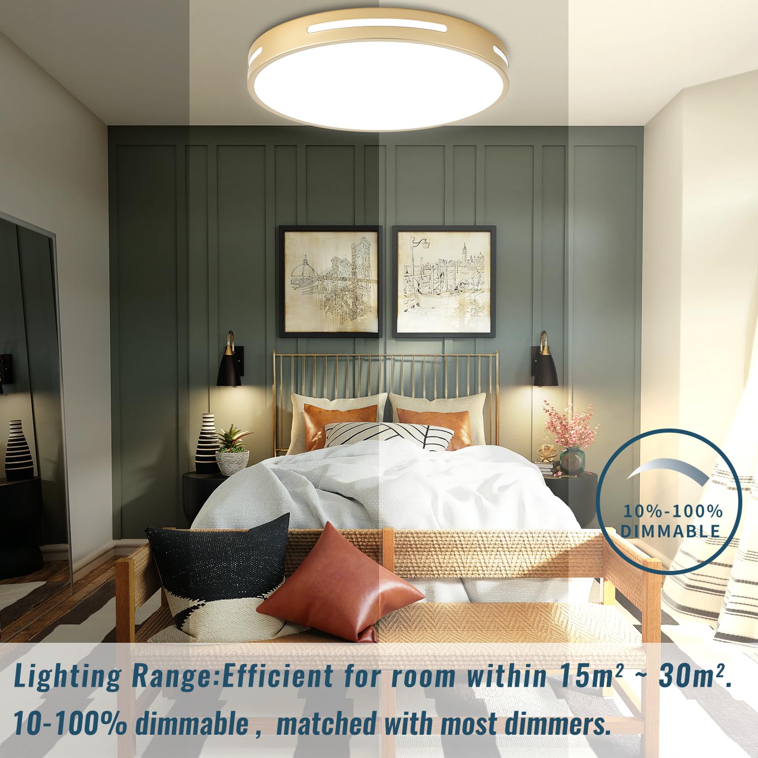 Wheatronic Gold Ceiling Light Flush Mount Led, 36W 15 Inch Kitchen Light Fixture Ceiling Mount Dimmable,Modern Close To Ceiling Light Fixture 5Cct For Bedroom, Bathroom,Living Room