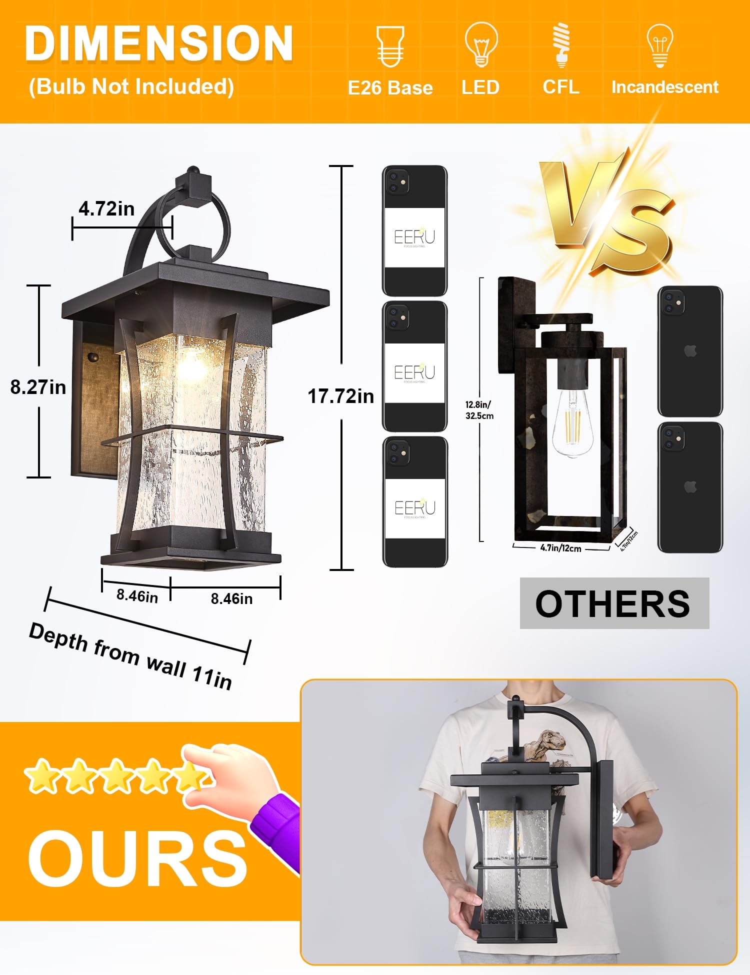 EERU Outdoor Wall Sconce - 18" H Large Black Metal Lantern with Clear Seeded Glass, Waterproof for Villa Porch Garage, Oil Rubbed Bronze