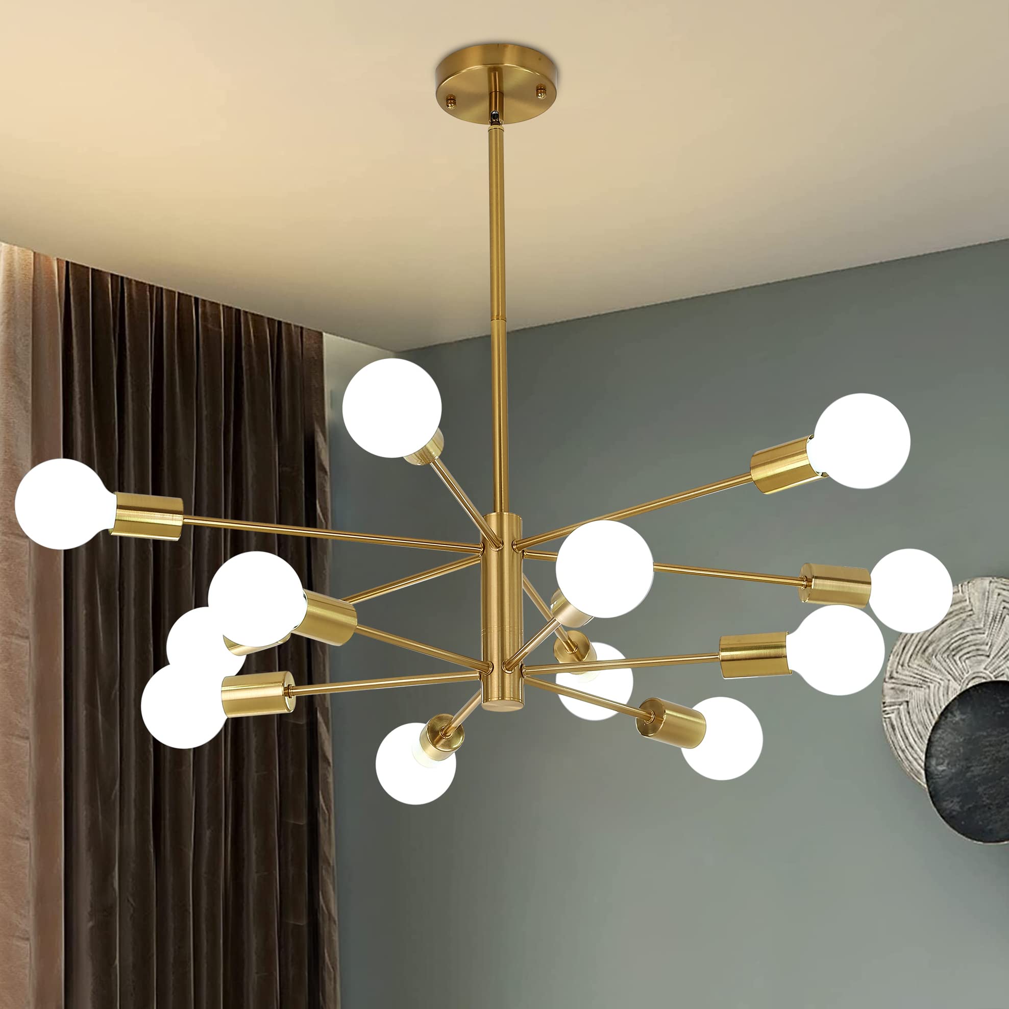Humhold 12-Light Modern Sputnik Chandelier, Mid Century Gold Ceiling Chandeliers, E26 Base, Branch Height Adjustable Pendant Lighting Fixture For Kitchen Island Dining Room Living Room Bedroom