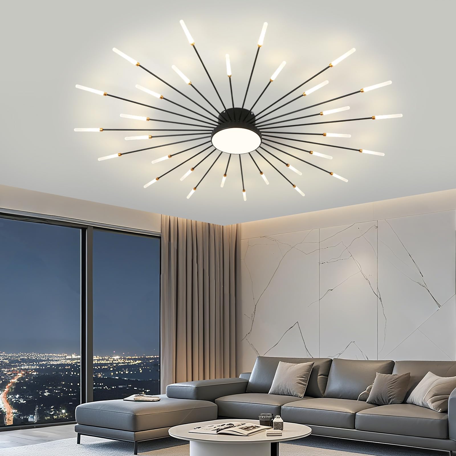 Ziidoo Modern Ceiling Light 30+1 Lights Metal Firework Designed Chic Led Lighting Fixture For Farmhouse Kitchen Dining Room Bedroom Hallway Living Room (Black)