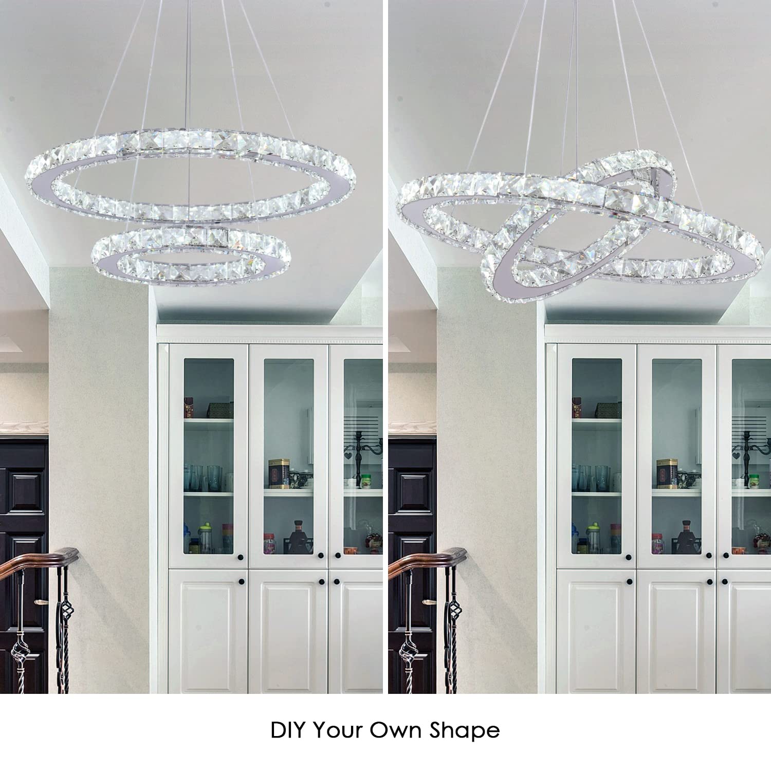TongLan LED Crystal Chandelier Pendant Light, Adjustable 2 Rings, 19.7"x11.8", Cool White, Stainless Steel for Dining and Living Room