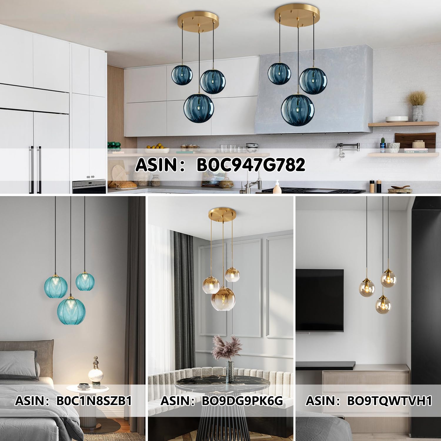 Kco Mid Century Modern Blue Glass Pendant Light Fixture, 3-Lights Brass Gold Ceiling Lamp