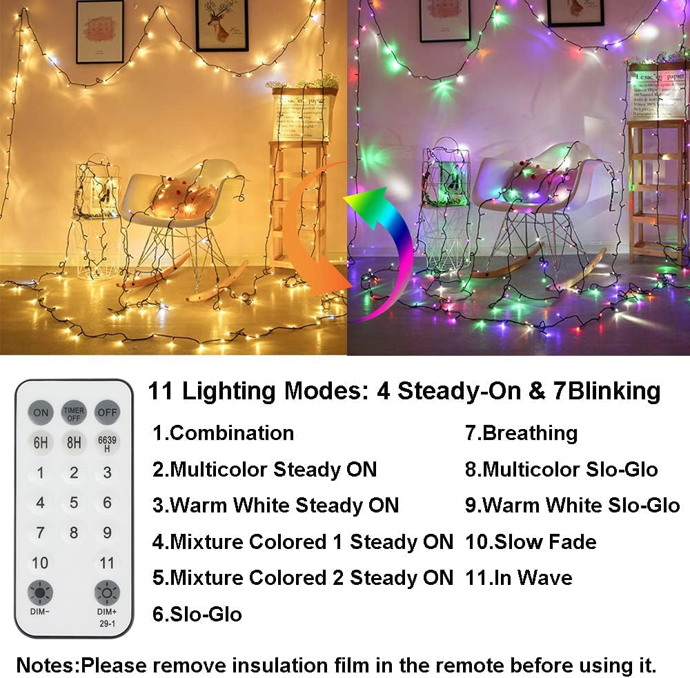 Vtechology 300Led Color Changing Christmas Lights, 105Ft Warm White To Multicolor, 11 Modes Outdoor String Lights For Holiday Decor