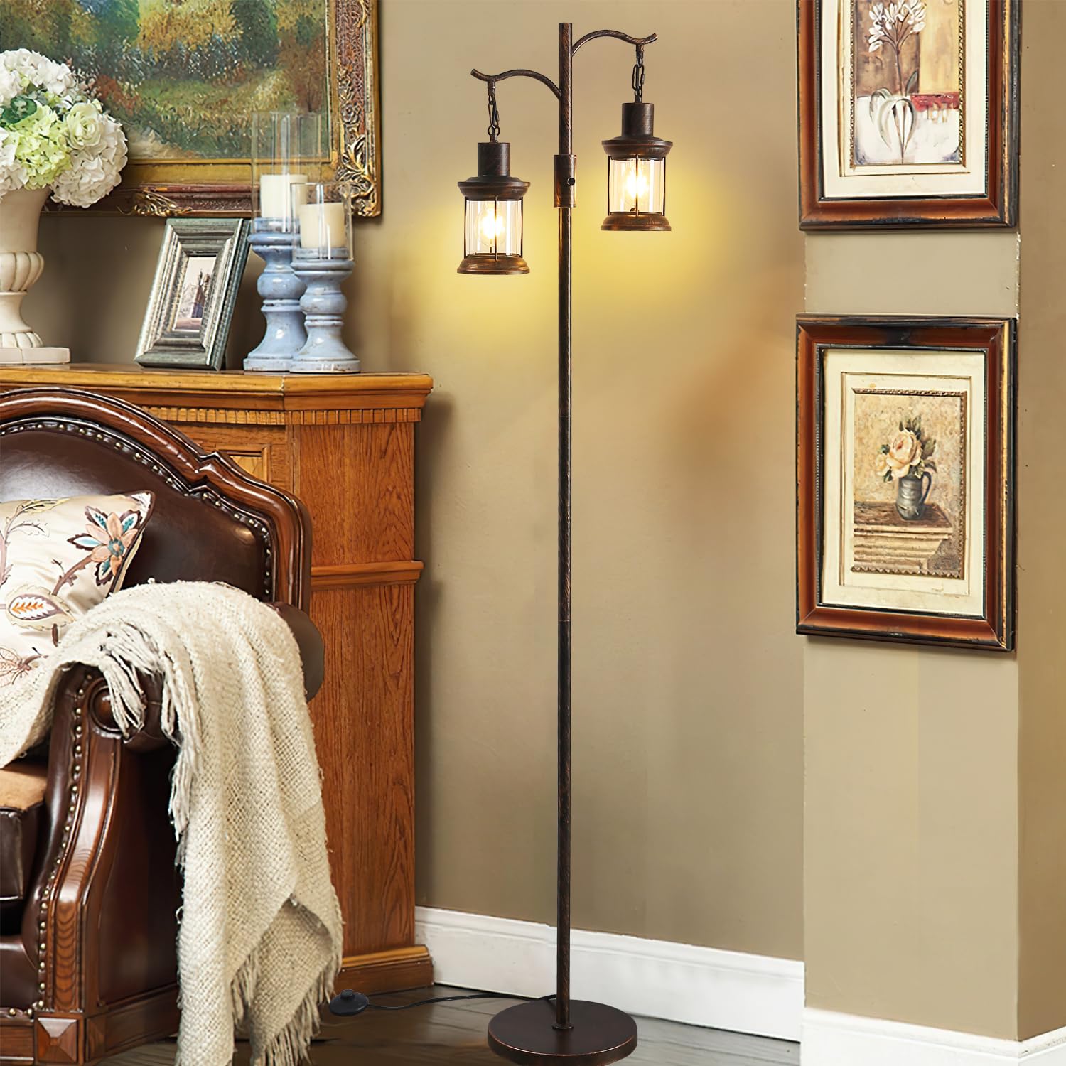 Asmymhd Vintage Dimmable Floor Lamp, Rustic Copper Black Finish, 2 Lanterns, Model F-230912, Ideal for Living Room Decor