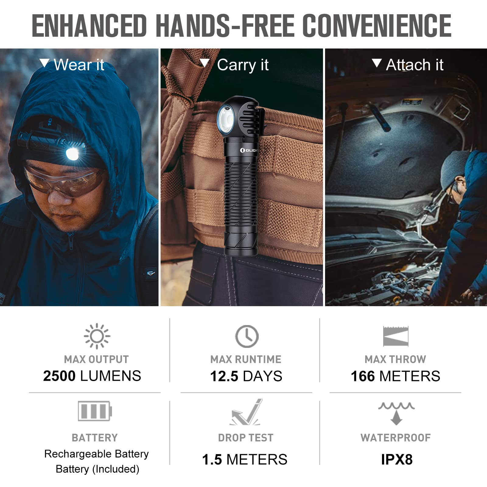 OLIGHT Perun 2 Headlamp, 2500 Lumens, Rechargeable, Waterproof, Aluminum, Black, Model O-PERUN2#US-FBA