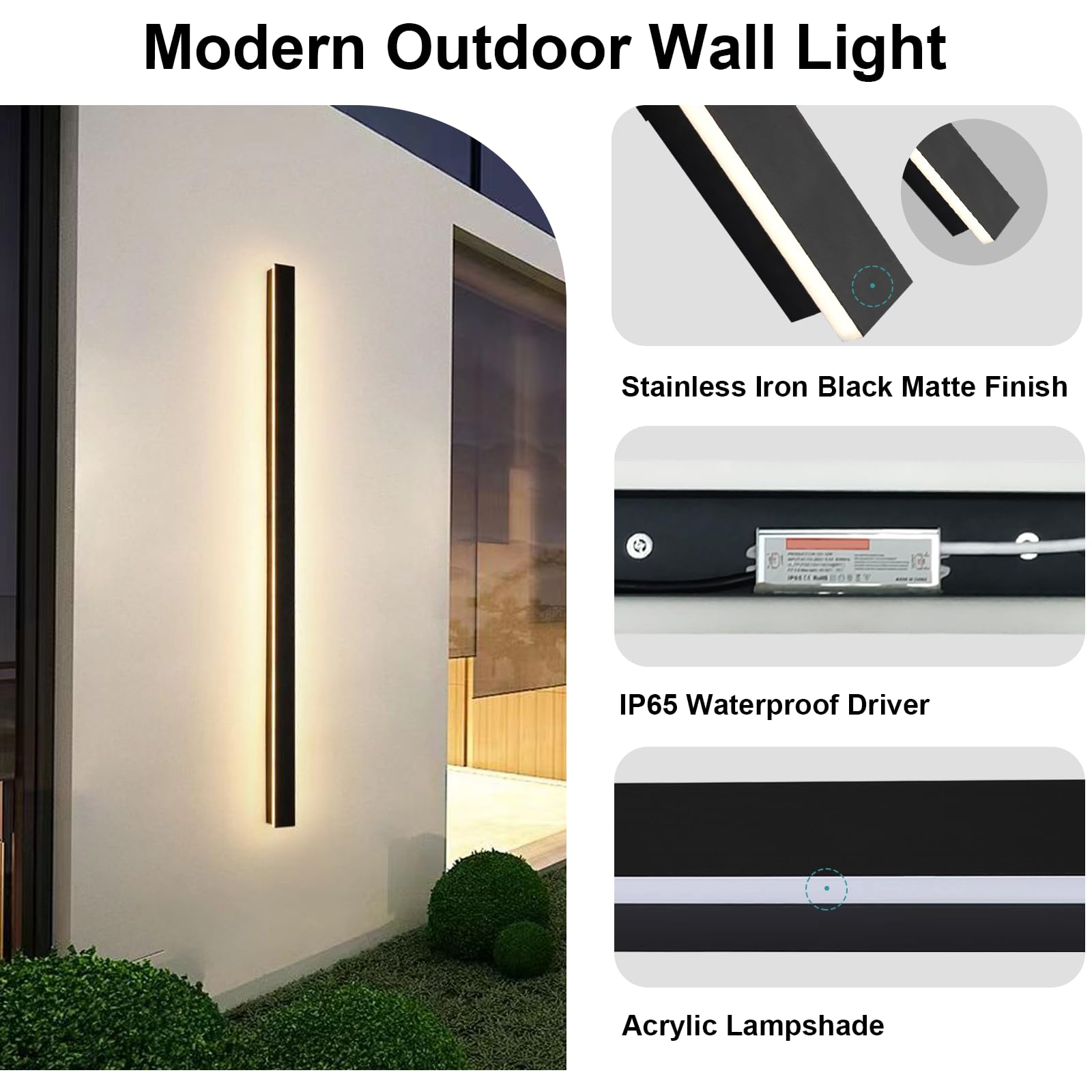 Nkjortppl 2 Pack 39.4Inch Outdoor Led Wall Light For House, Modern Outside Porch & Patio Wall Lights Fixture, Black Exterior Wal