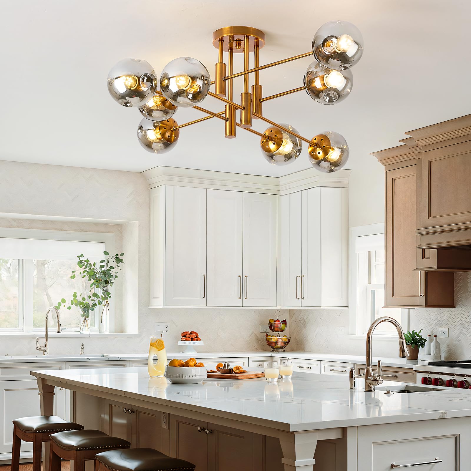 Ceiling Light With Sputnik Glass Globe Chandelier, 8 Lights Kitchen Lighting Fixtures Ceiling Flush Mount For Villa Living Room,