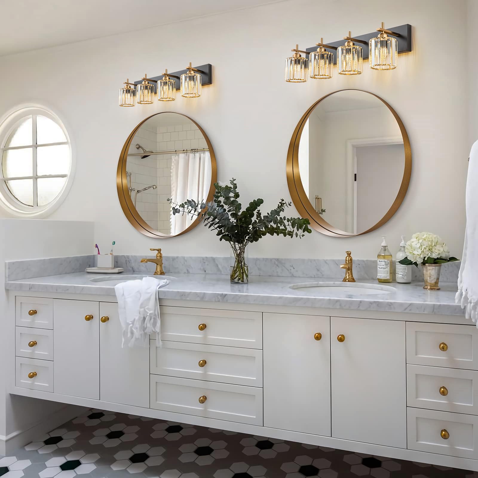 Huoku 4-Light Bathroom Vanity Light, Black Gold Crystal Wall Fixture, Modern Design, Polished Gold Finish