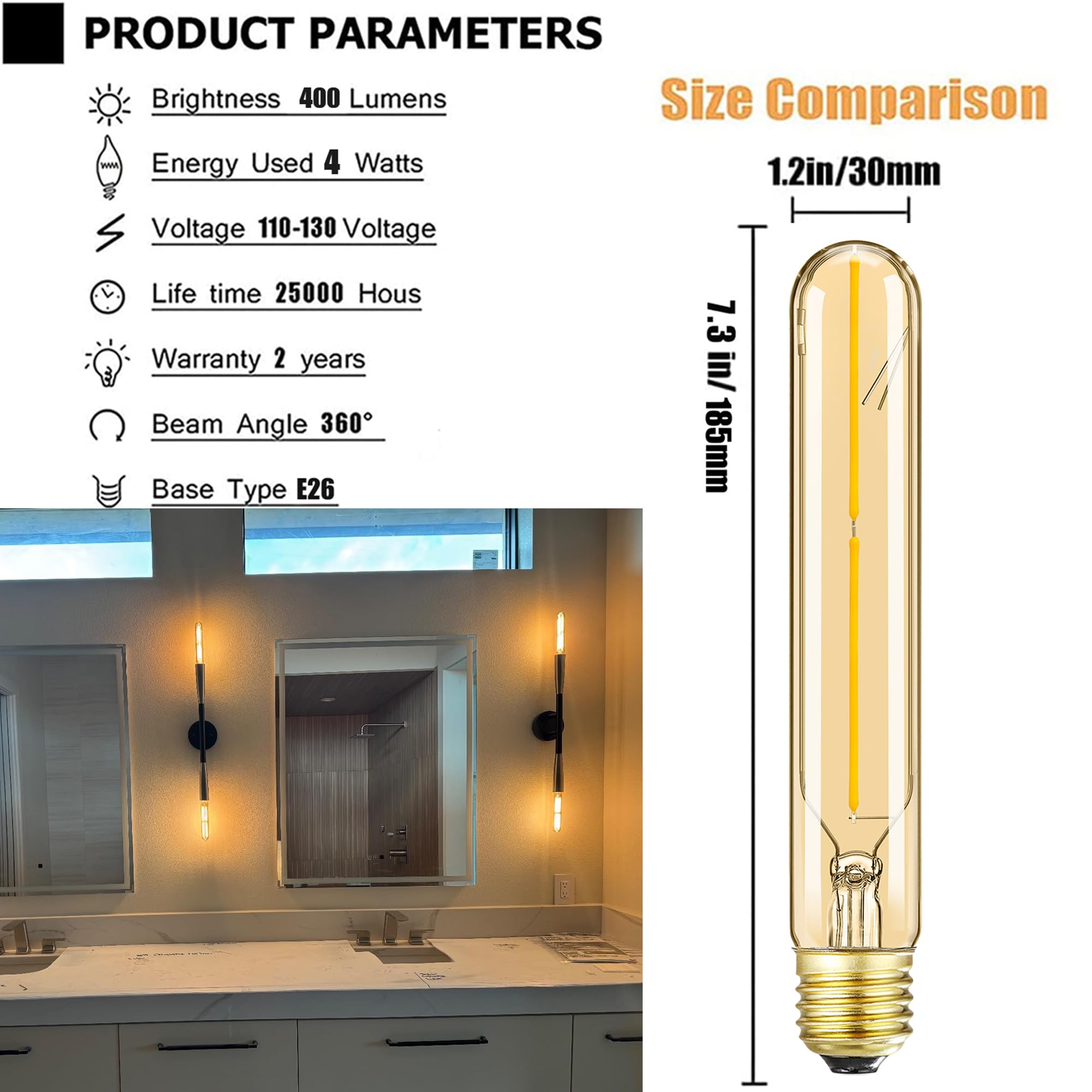 Lvye T10 Led Bulb,Dimmable 4W Led Tubular Bulbs,White 3K, 40 Watt Incandescent Bulb Equivalent,Clear,E26 Base Lamp Bulb,For Cabi