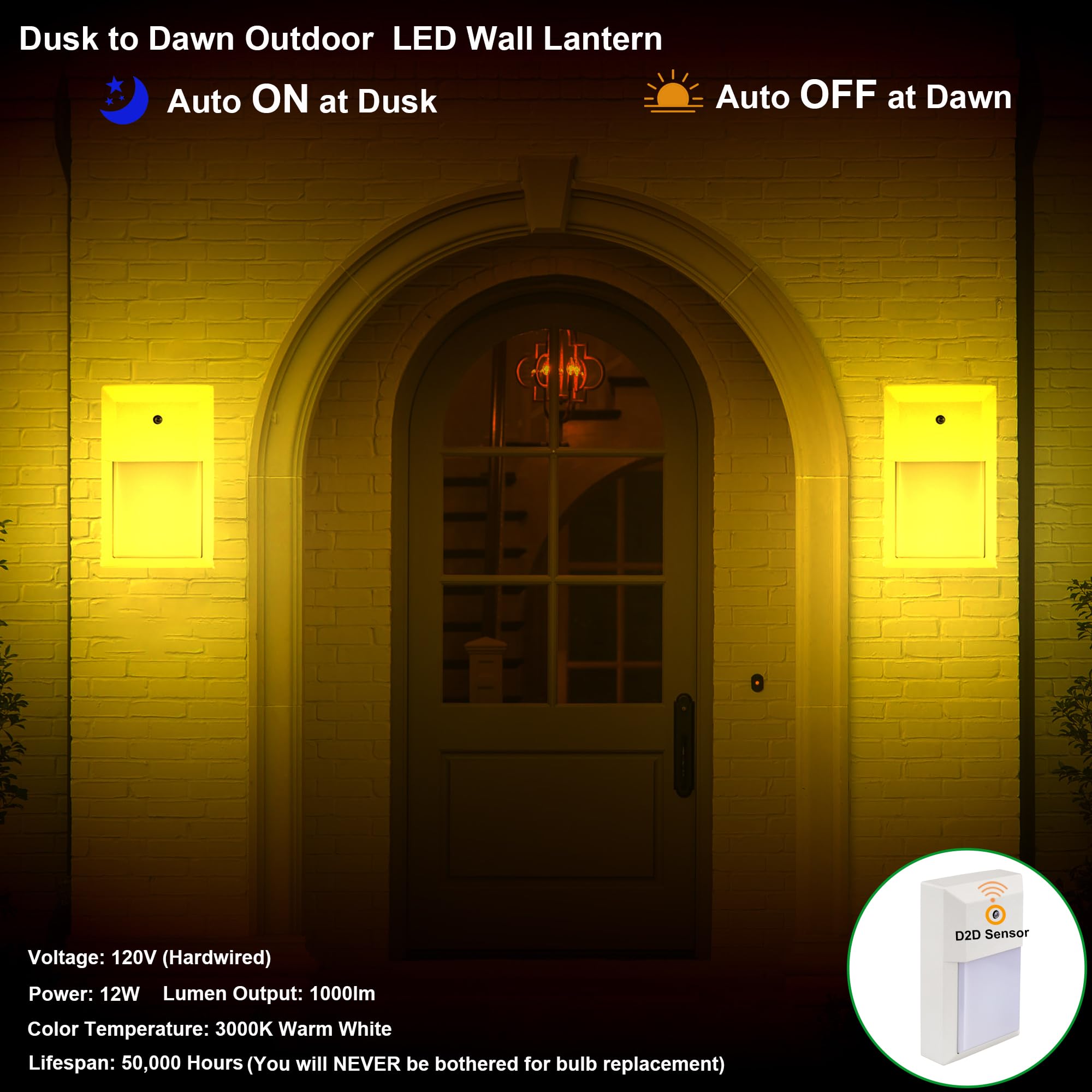 Lit-Path Dusk To Dawn Outdoor Wall Lantern  Led Wall Sconce For Porch Lighting Fixture 3000K  12W 1000 Lumens  Aluminum Housing Plus Pc  White Finish 2-Pack