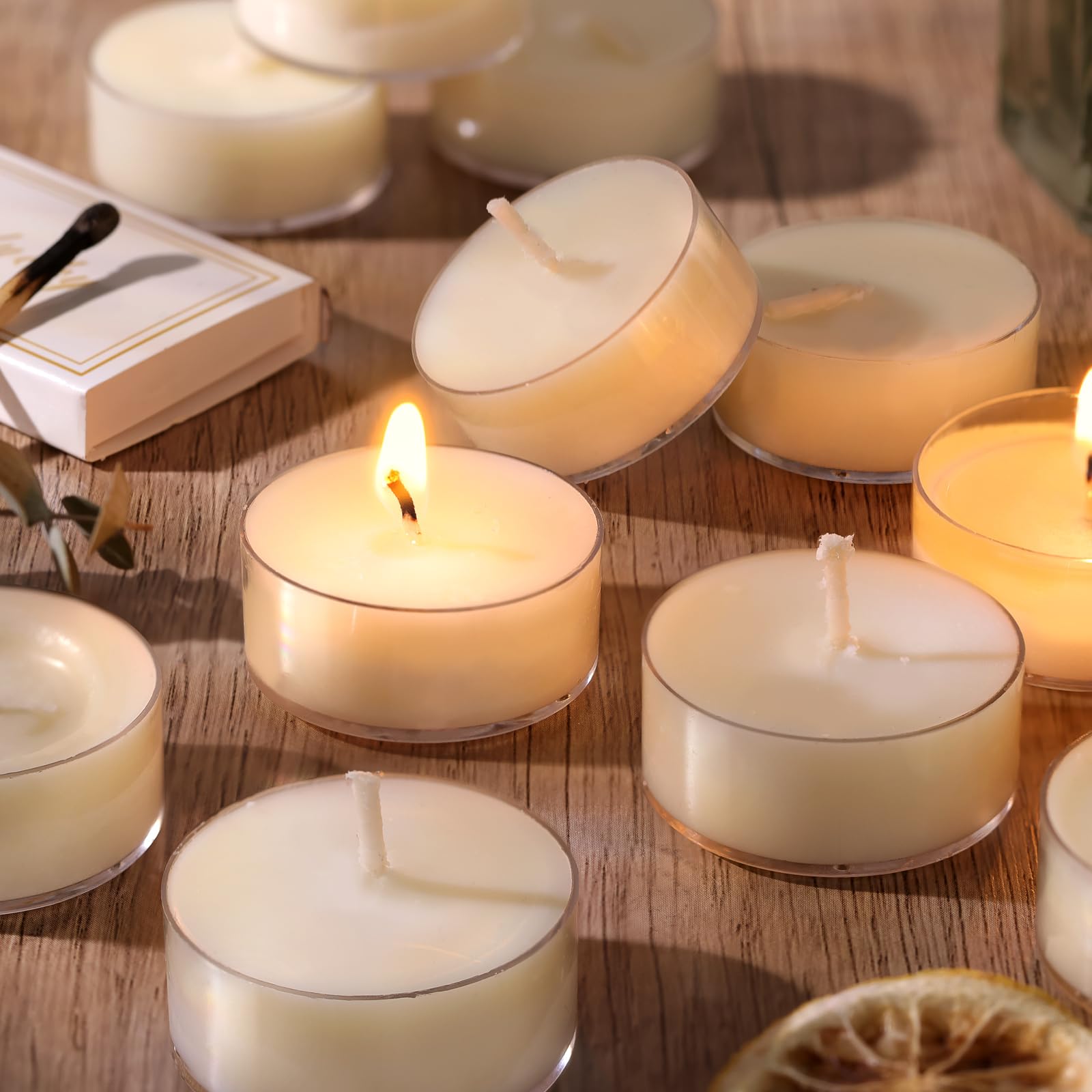 Devi Soy Wax Tea Lights Candles 100 Pack Paraffin-Free, Soy Tealight Candles Bulk-4 Hours Long Burning, Unscented White Small Tea Candles-Burn Evenly, Candles For Woman, Wedding Baby Shower Favors
