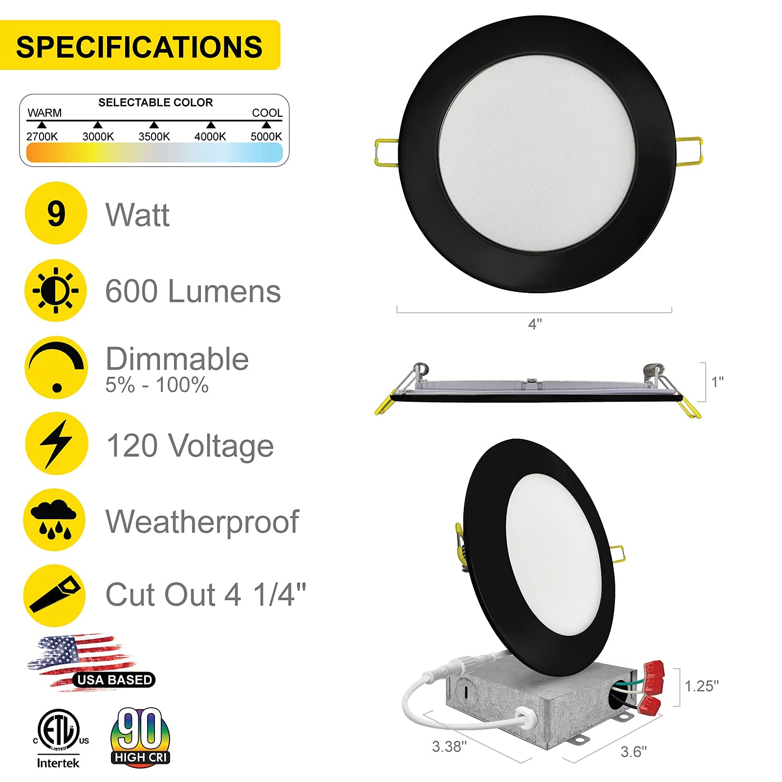 Nuwatt 6 Pack, 4 Inch Ultra-Thin Led Recessed Lighting Black, 5Cct 2700K/3000K/3500K/4000K/5000K Selectable, 630Lm, 9W, Ic Rated, Dimmable Canless Wafer Light, Damp Rated Pot Lights With Metal J-Box