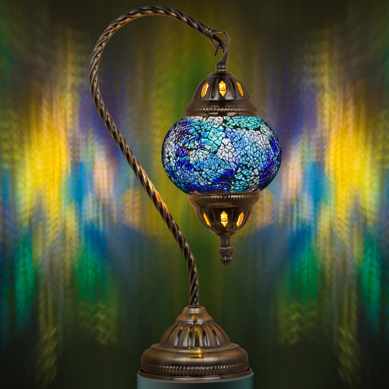 Marrakech Mosaic Glass Table Lamp, Handmade Turkish Design, Swan Neck Bronze Base, LED Bulb Included, Shards Blue