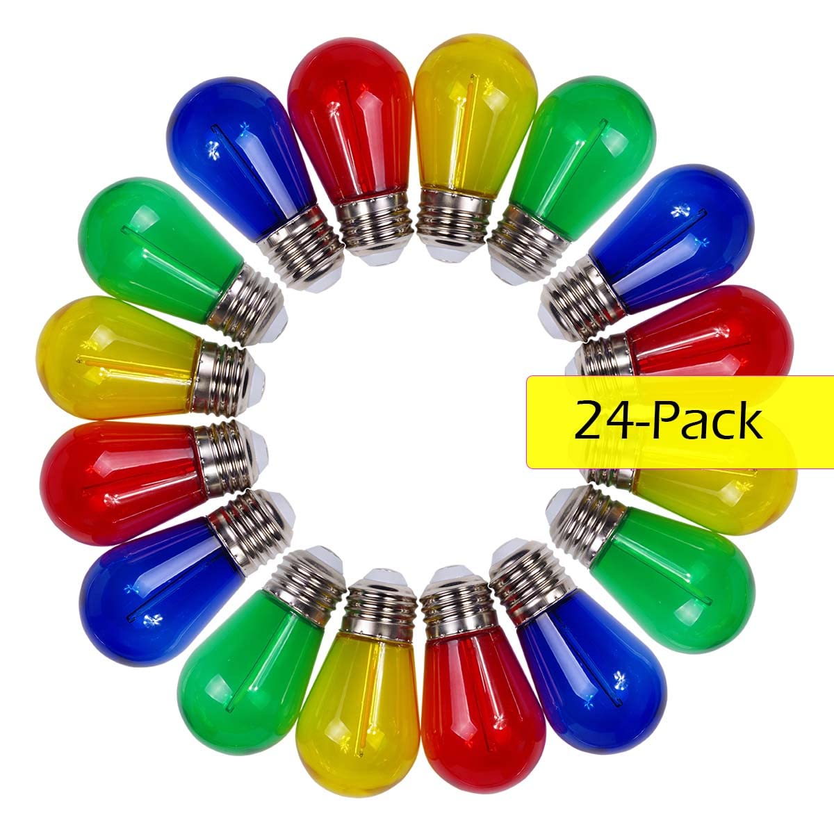 Jslinter String LED Light Bulbs - 1W Plastic S14 Replacement - Shatterproof - 24 Pack - Multi-colored