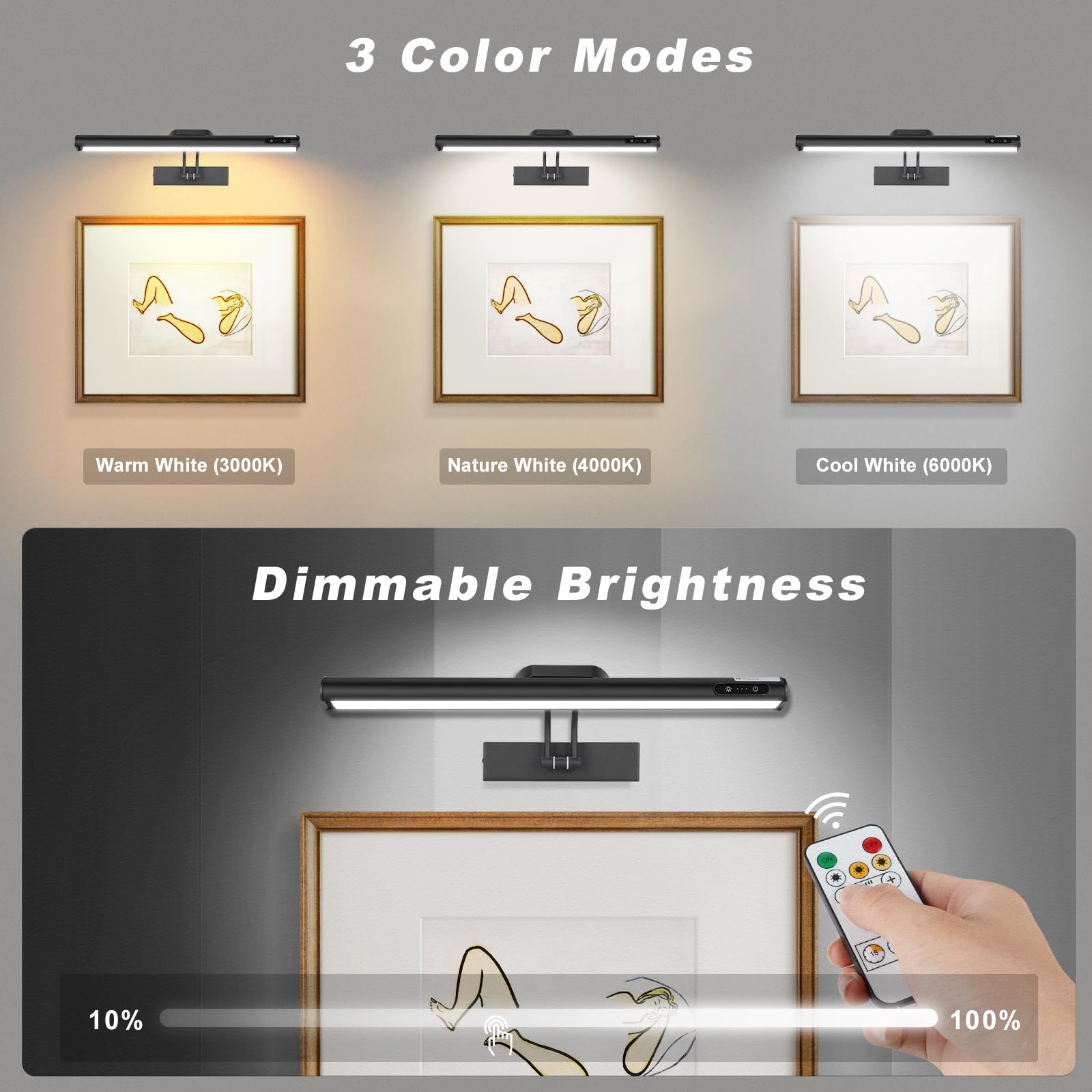 VARICART Magnetic Cordless Picture Light - 16in Metal, Dimmable, Remote Control, Black, 5000mAh Battery, Adjustable Angle