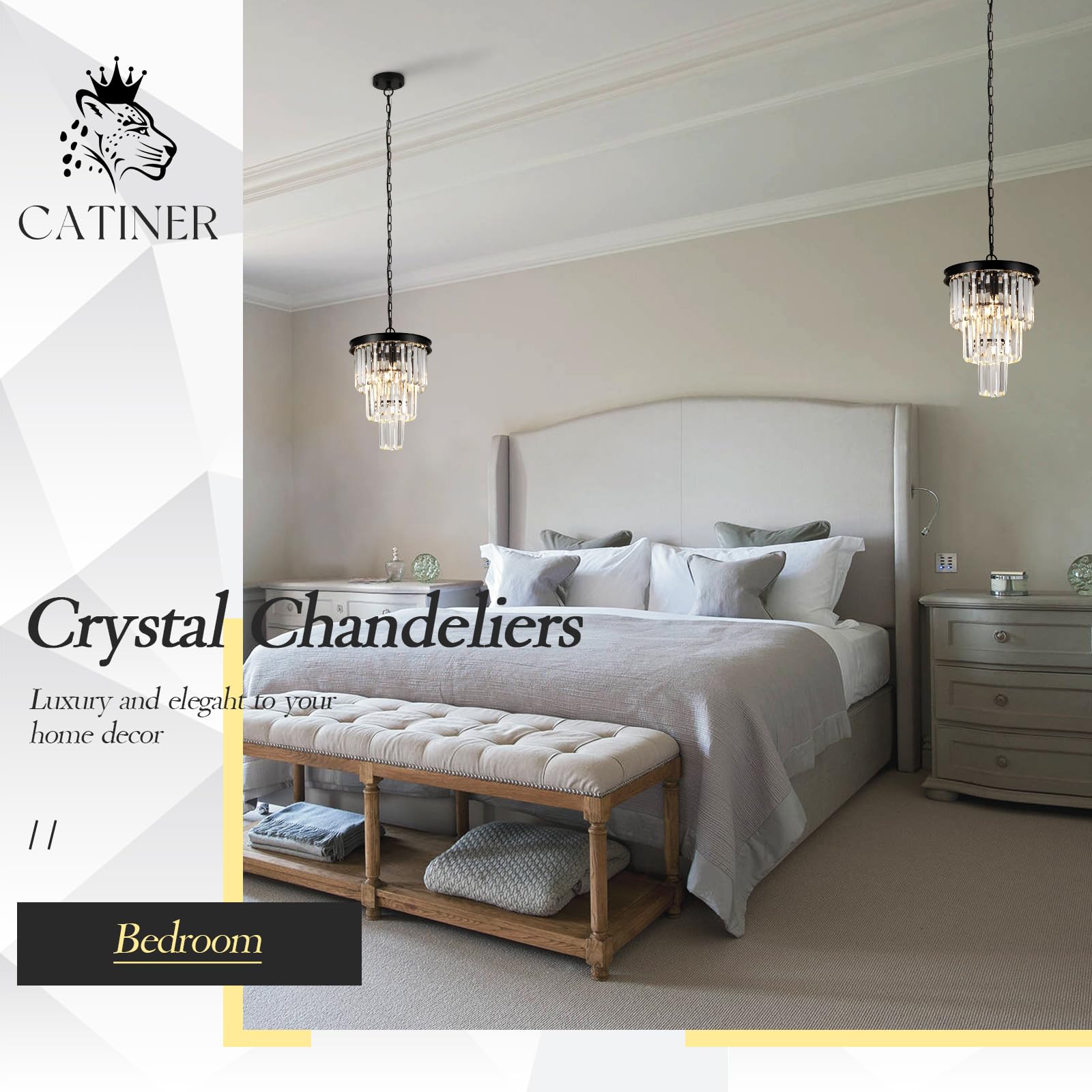 Catiner Black Crystal Pendant Light For Kitchen Island,Mini Crystal Chandeliers Modern For Dining Room,3 Tiers K9 Ceiling Pendan