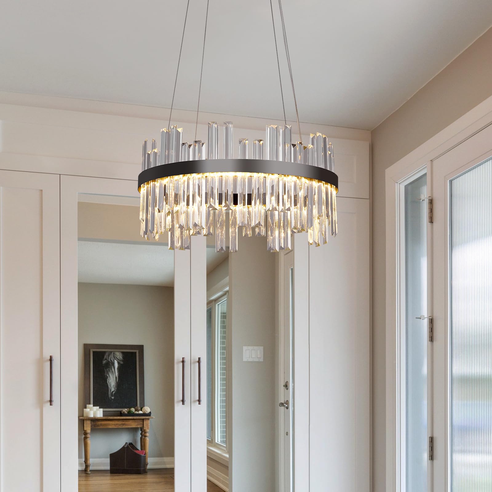 Black Led Modern Crystal Chandelier: 19.7 Round Contemporary 3 Color Dimmable Dining Room Light Fixture Over Table - Adjustable Lighting Chandeliers For Bedroom Living Kitchen Island Entryway Foyer