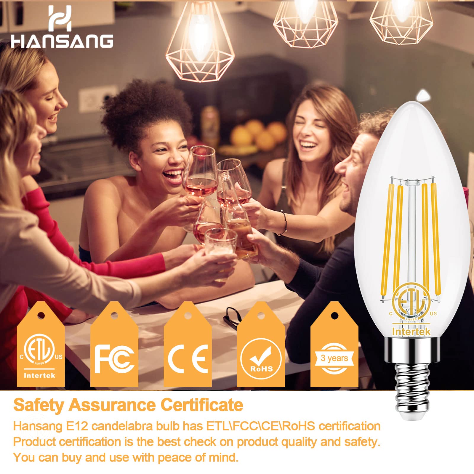 Hansang E12 Led Candelabra Bulb 2700K Warm White, 40W Equivalent Type B Light Bulbs, 4W Candle Shape B11 Led Bulb For Chandelier