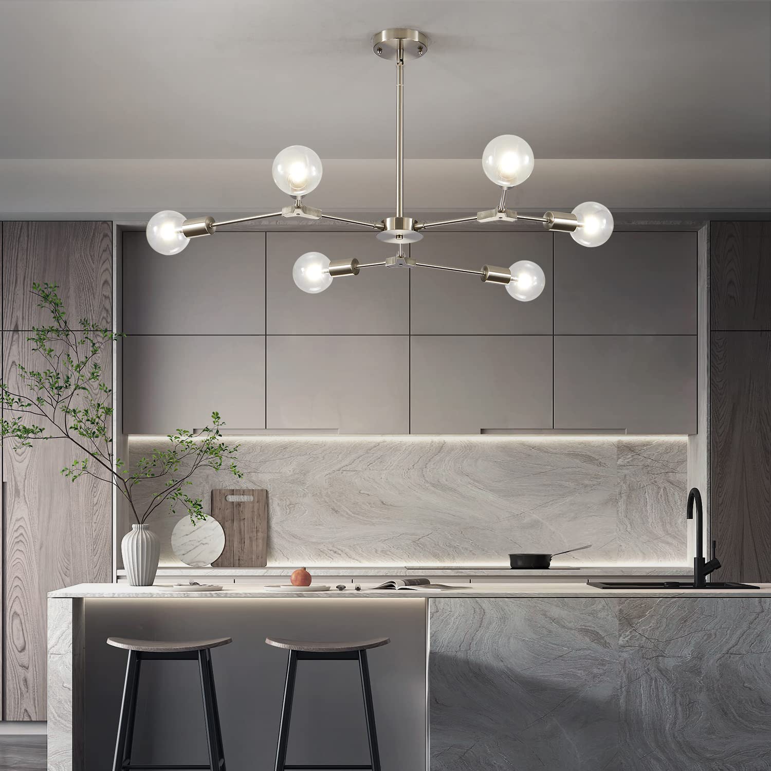 Kco Lighting Brushed Nickel Chandelier Modern 6-Light Sputnik Flush Mount Ceiling Light Fixture Contemporary Silver Chandelier Pendant Light Mid Century Living Room Light Fixture