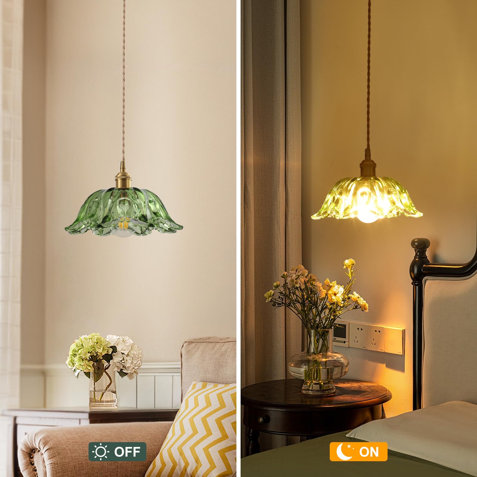 GZJunYo Plug in Pendant Light Fixtures, Hanging Pendant Lights with Plug in Cord, Green Glass Plug in Hanging Lights for Bedroom