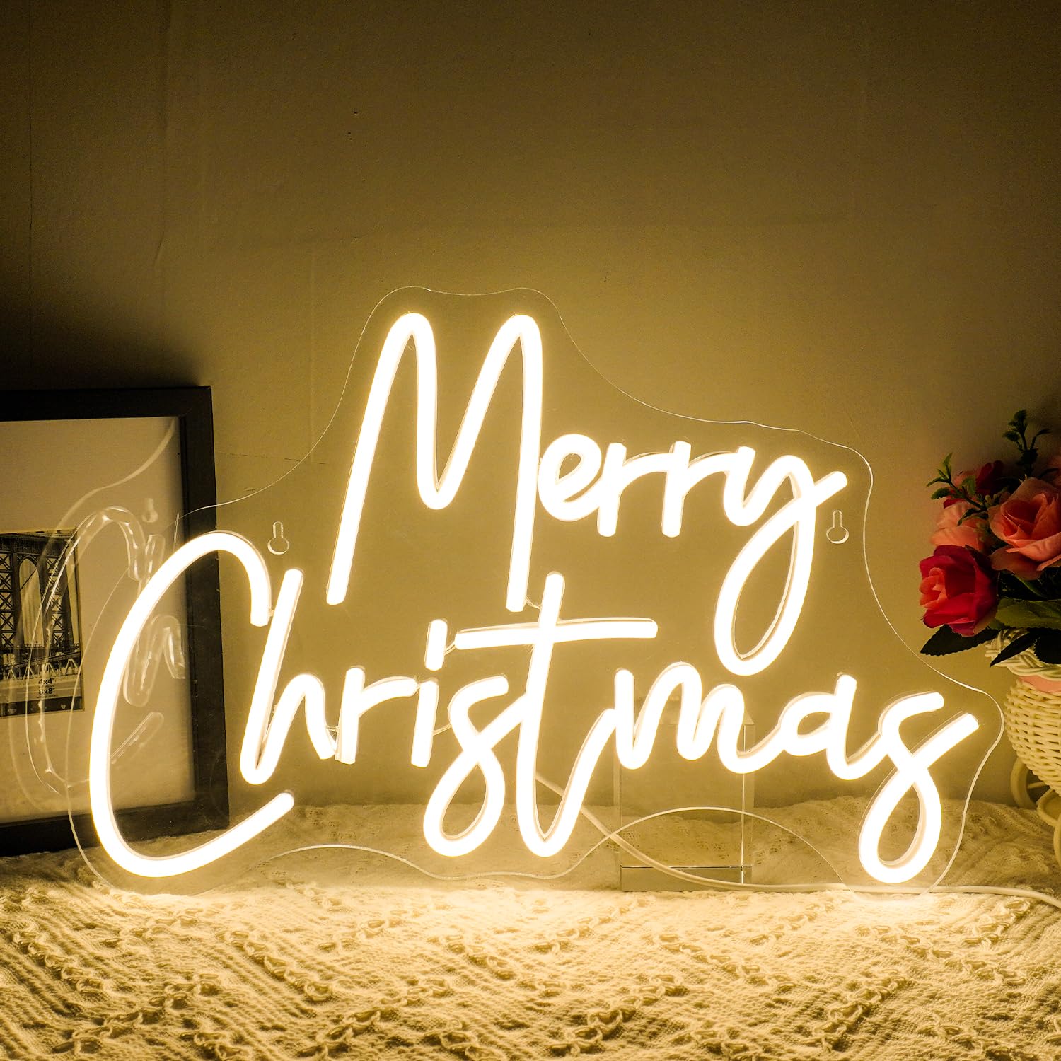 WLHOPE Merry Christmas Neon Sign, Dimmable LED Wall Decor, 12.6x16.14in, Warm White Acrylic