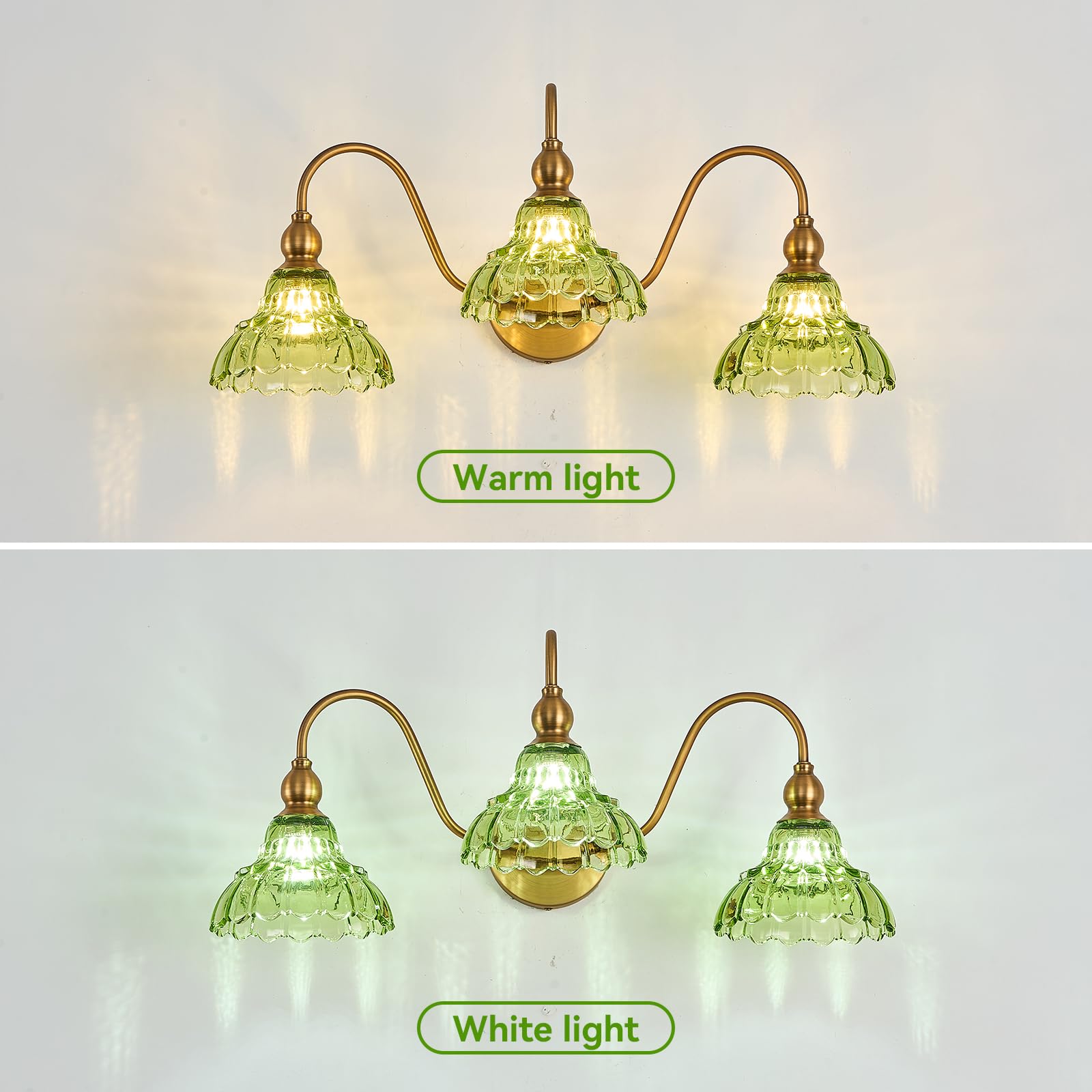 TLOLGT Vintage 3-Light Bathroom Vanity Light Fixture - Green Glass Wall Sconces for Bedroom, Living Room, Kitchen, Model LS178-3