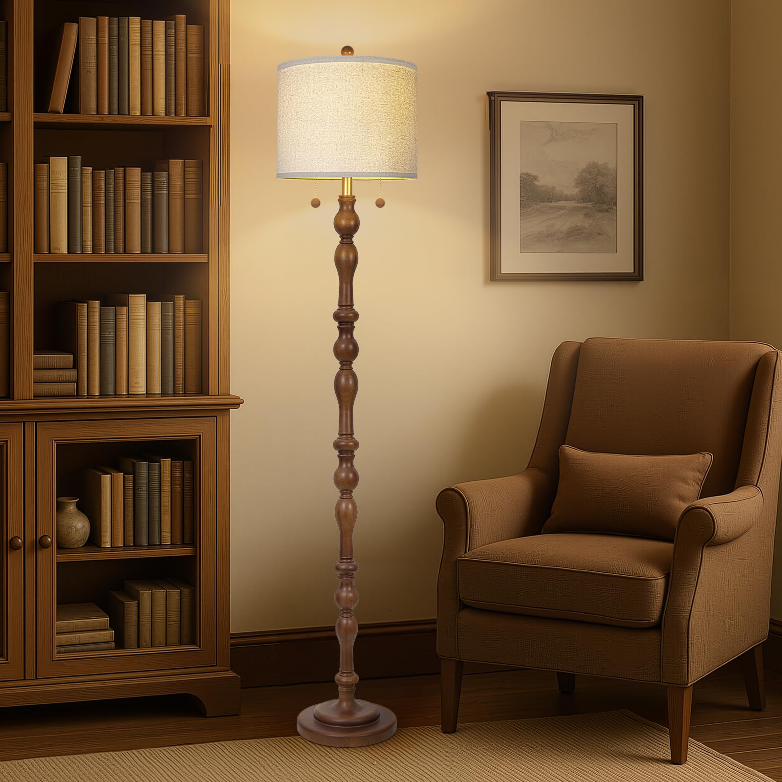 Scenekoy 65.5" Rustic Real Wood Floor Lamp with Linen Shade, Dark Brown, Model ZL012-BR, Perfect for Living Room, Bedroom, Office