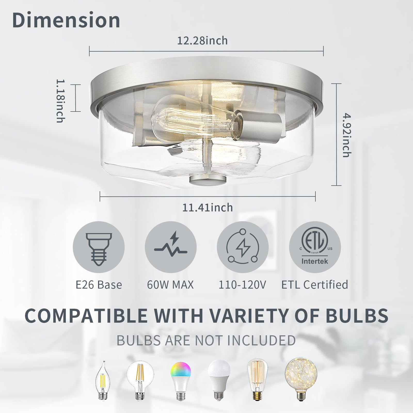 Luminzone Brushed Nickel Flush Mount Ceiling Light, 2-Light Hallway Light Fixtures, Modern Farmhouse Farmhouse Ceiling Light Cle
