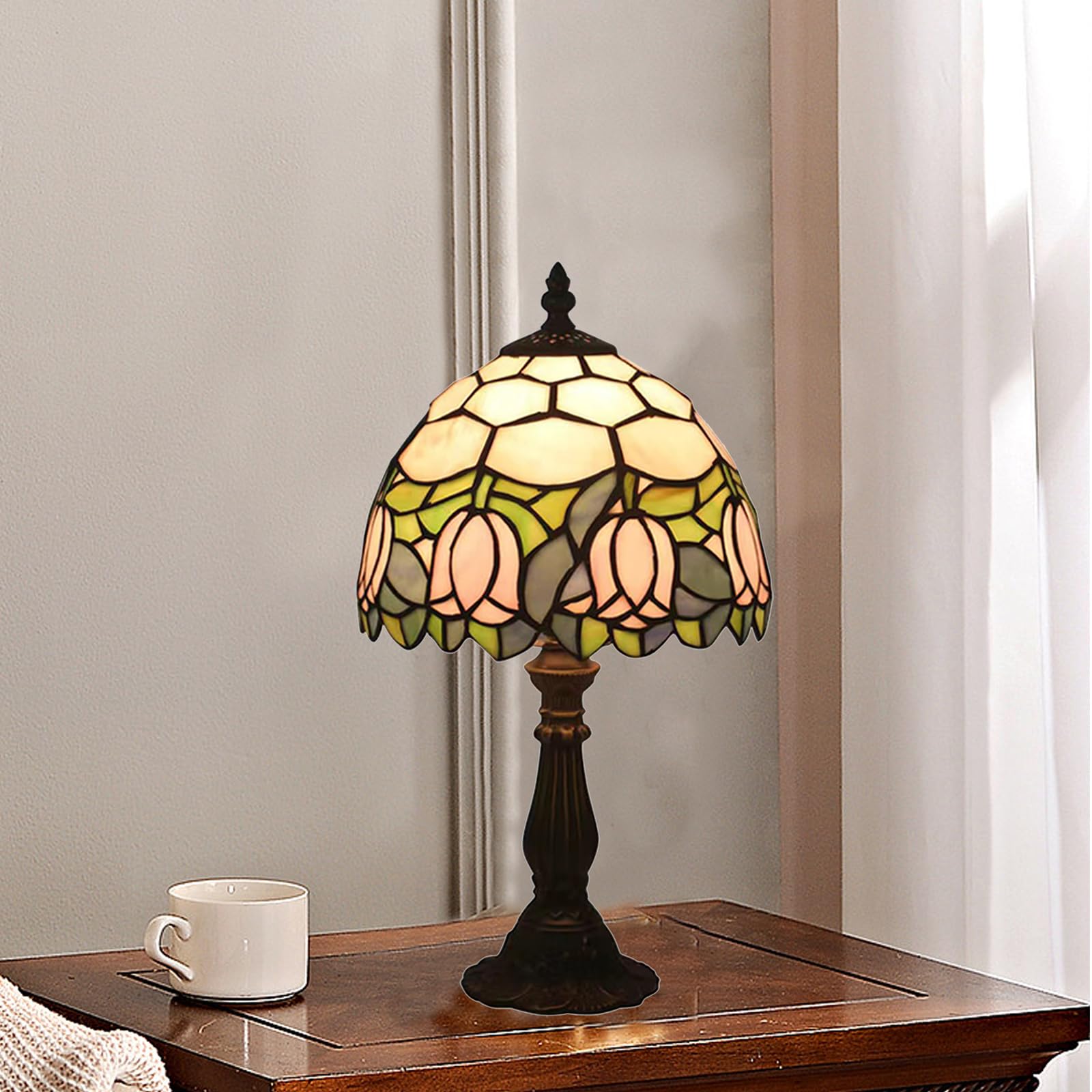 Tuomoxte Tiffany Style Table Lamp, Pink Tulip Stained Glass Lamp, 8 Inch Small Antique Lamp, For Bedside Nightstand Bedroom Livi