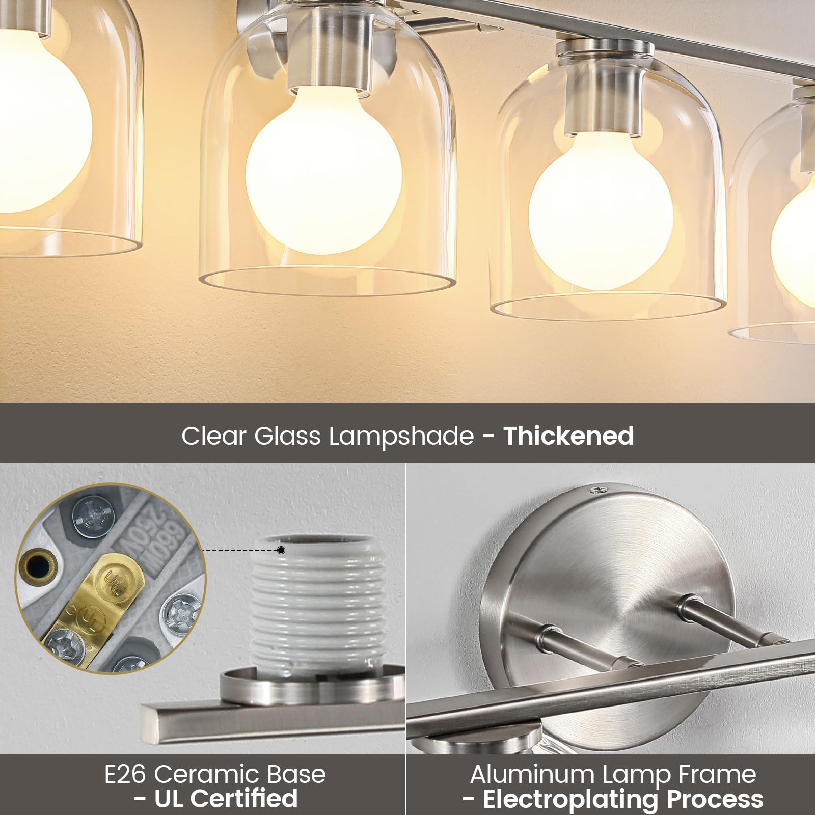 Woshitu Modern Brushed Nickel Bathroom Vanity Lights: 32.3 Inch Over Mirror, 4-Light Fixture With Clear Glass Shade