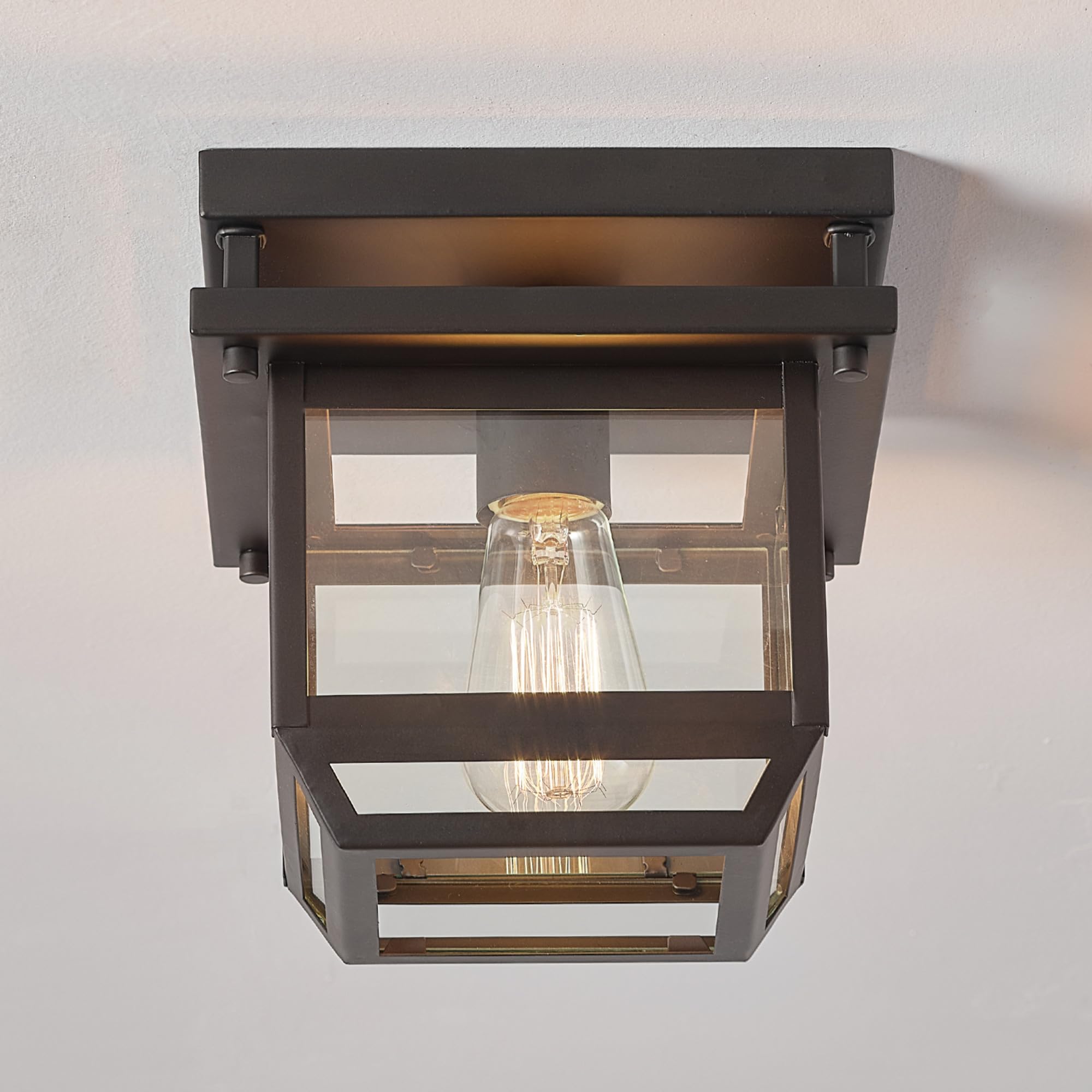 Globe Electric Sorrell 1-Light Outdoor Flush Mount Ceiling Light, Dark Bronze, Clear Glass Shade, Model 44779
