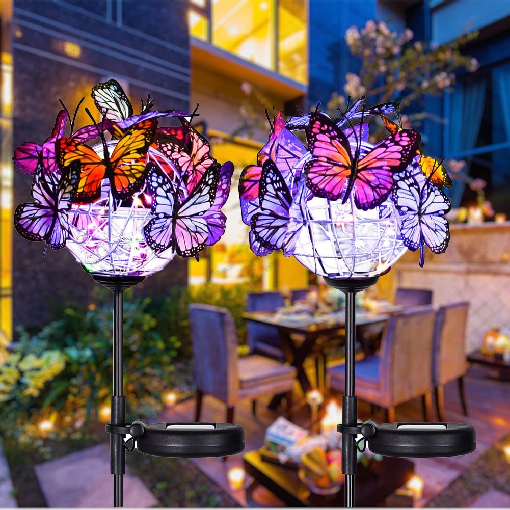 Weepong Outdoor Solar Lights 2 Pack, Solar Garden Lights with 18 Butterflies Decoration Outdoor Lamps, Waterproof Butterfly Flow