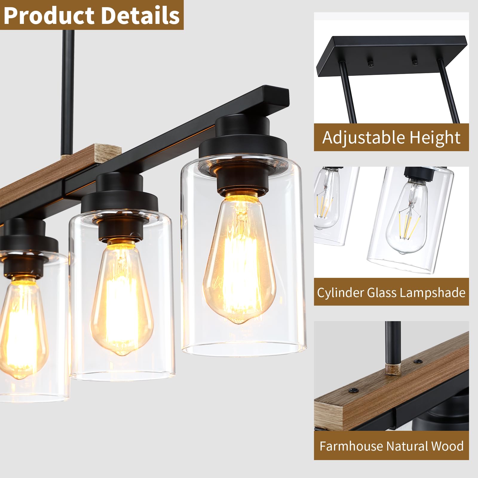 Dining Room Light Fixture Over Table,Farmhouse 4-Light Kitchen Island Lighting,Modern Wood Chandeliers For Dining Room With Adjustable Height,Industrial Black Kitchen Pendant Hanging Lights