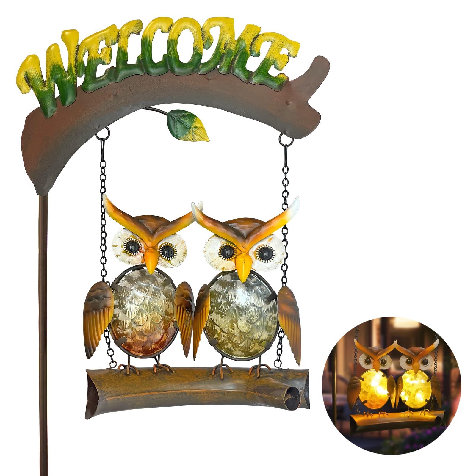 HONGLAND Solar Lights Outdoor Decor, Owl Swing Garden Decor, Owl Gifts for Women Mom, Whimsical Garden Lights Outdoor Decoration